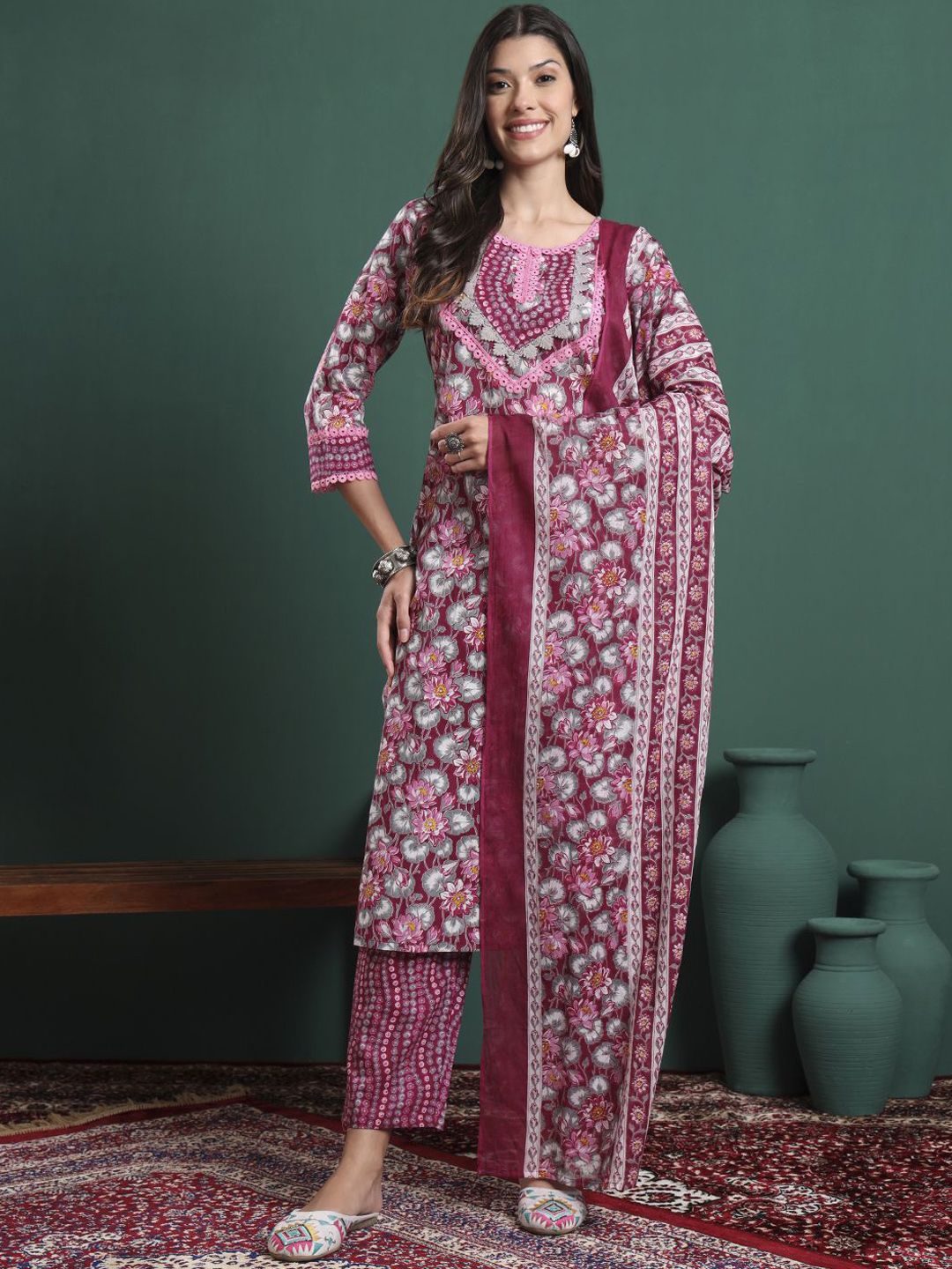 Yufta Floral Printed Pure Cotton Straight Kurta With Trousers & Dupatta