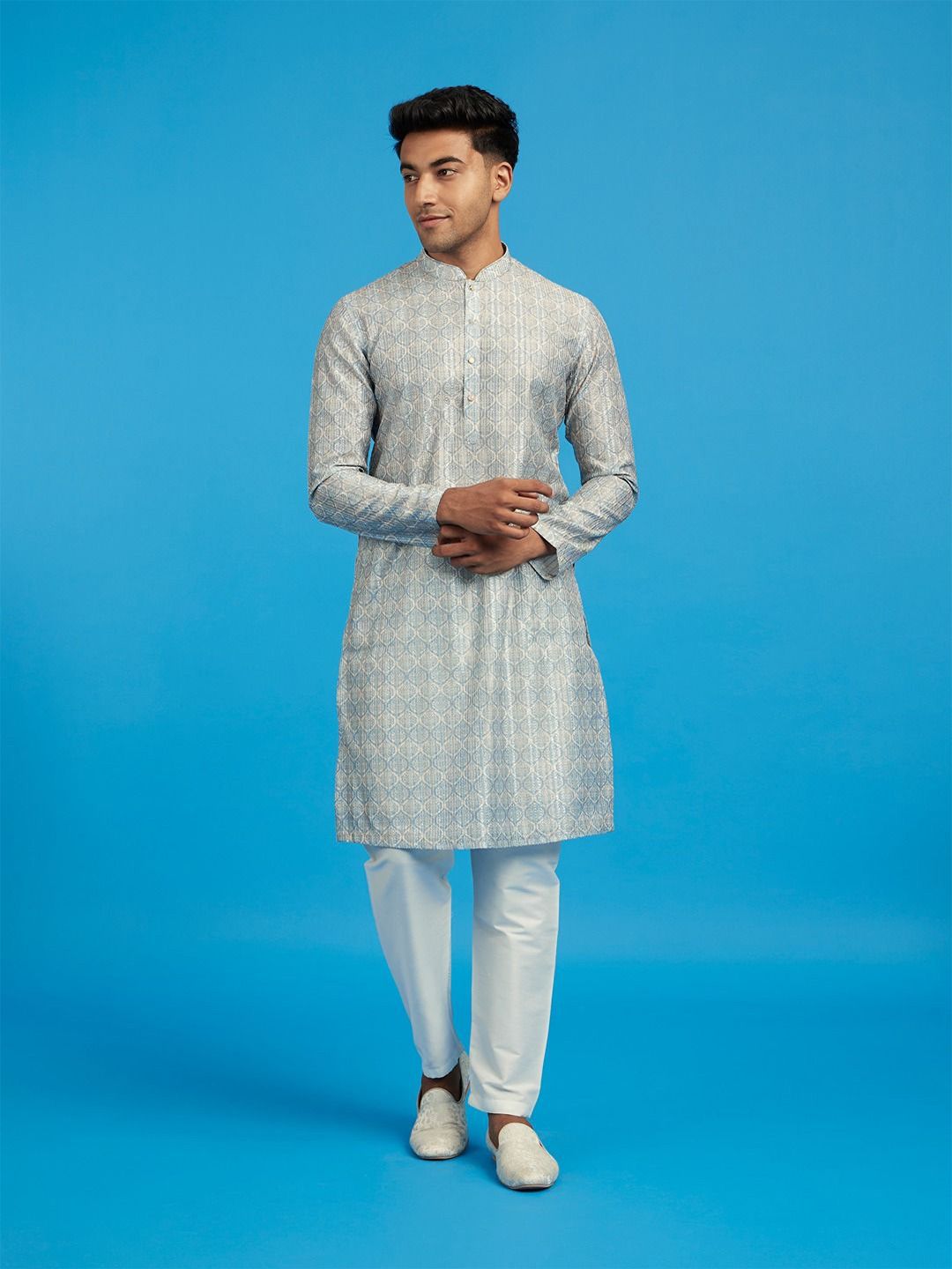 Diwas by Manyavar Floral Printed Mandarin Collar Thread Work Straight Kurta-picture-12