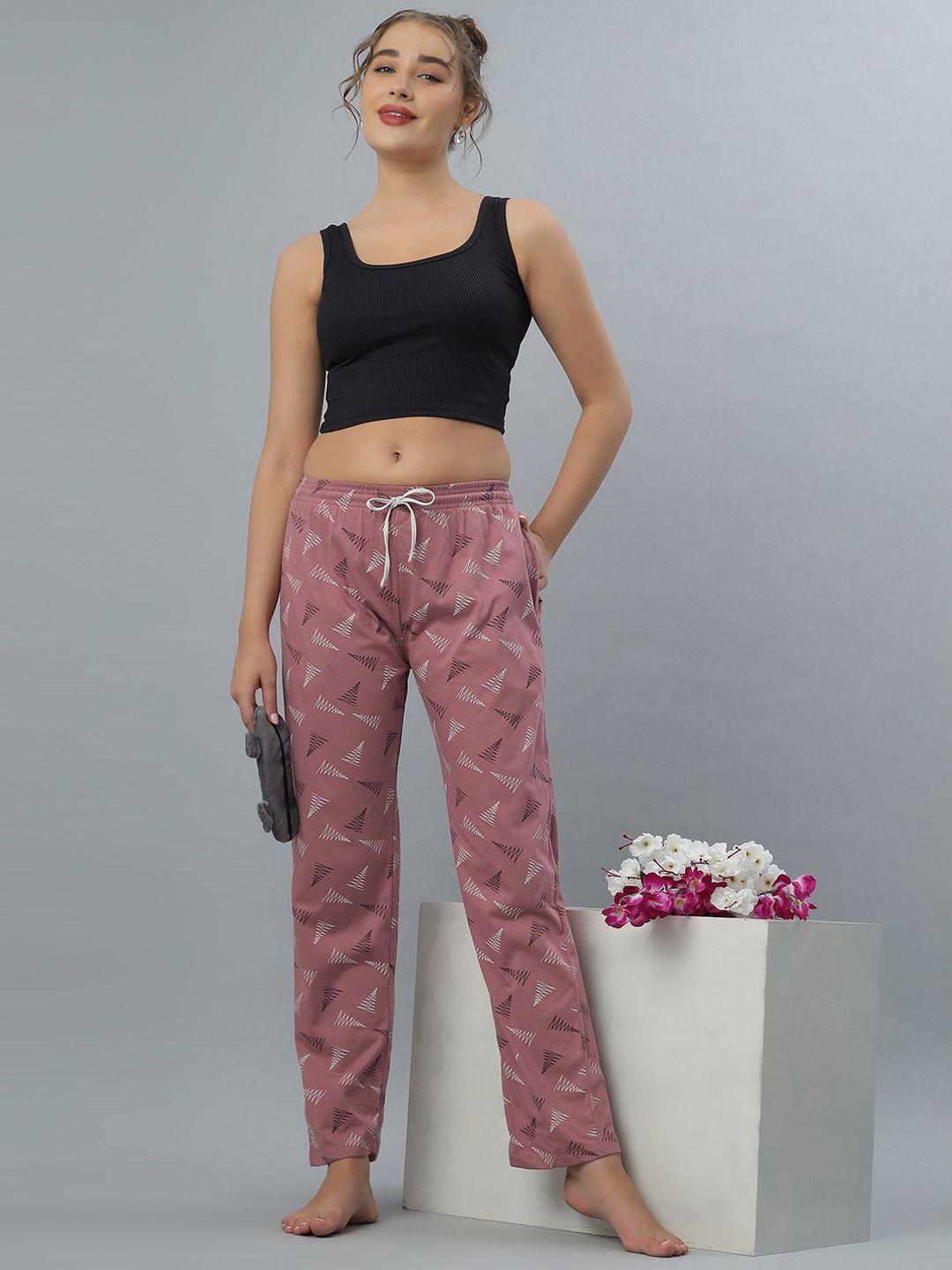 BLUWEEA Women Printed Cotton Mid Rise Lounge Pants-image-47
