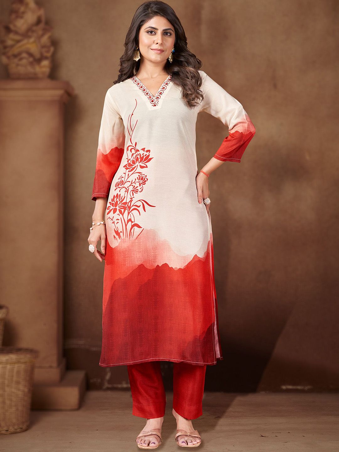 MOJILAA Floral Printed V-Neck Sequinned Straight Kurta With Trousers