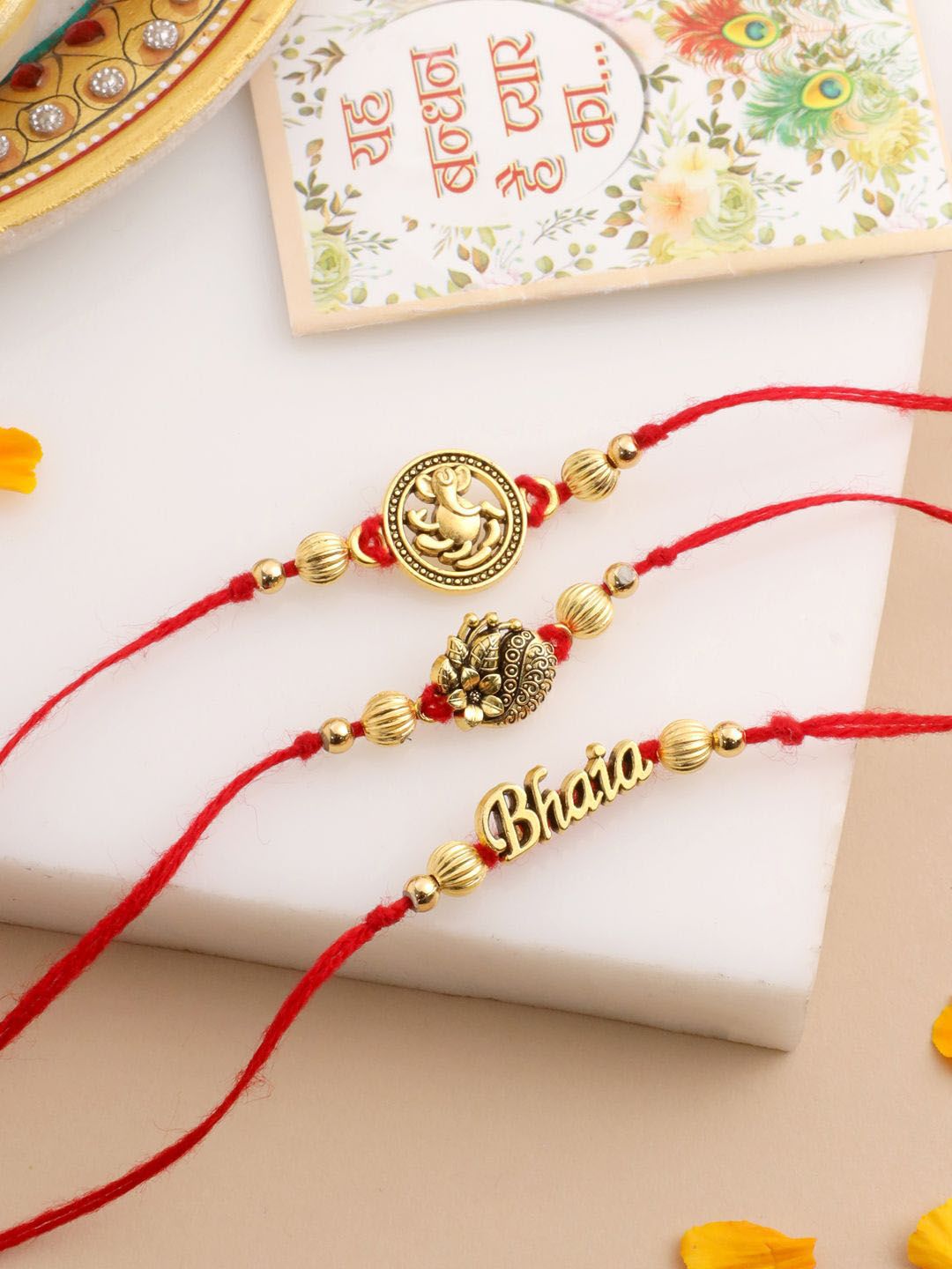 Anouk Set Of 3 Stones Studded & Beaded Thread Rakhis With Roli Chawal Chandan & Mishri-picture-57