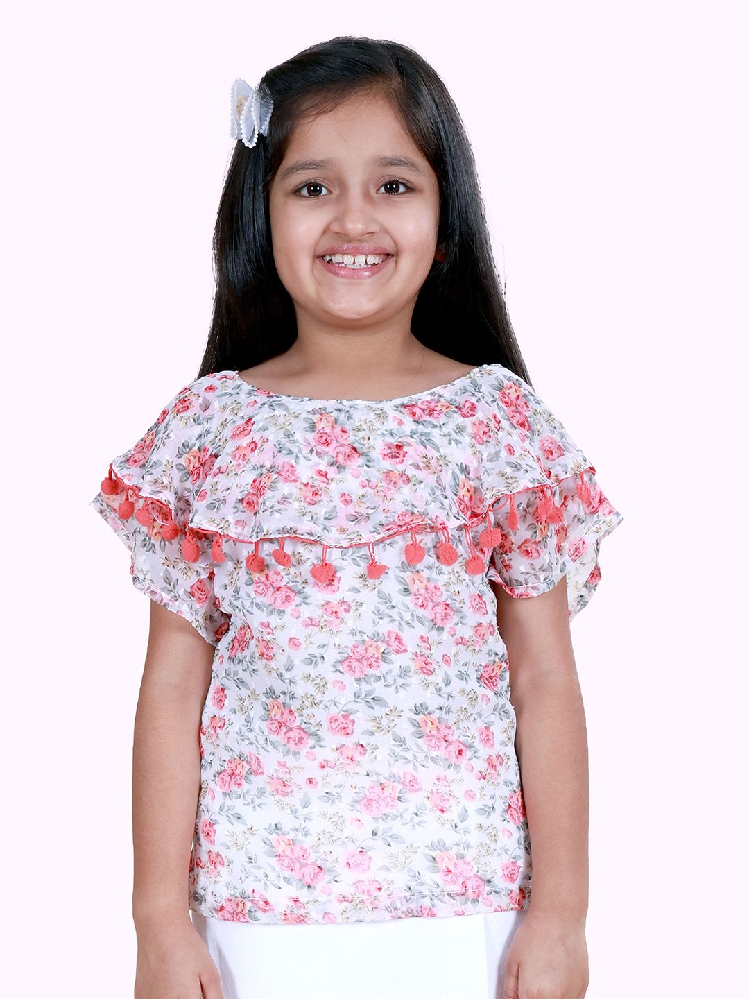 KiddoPanti Girls Floral Printed Flared Sleeves Ruffle Top With Pom Pom-image-1