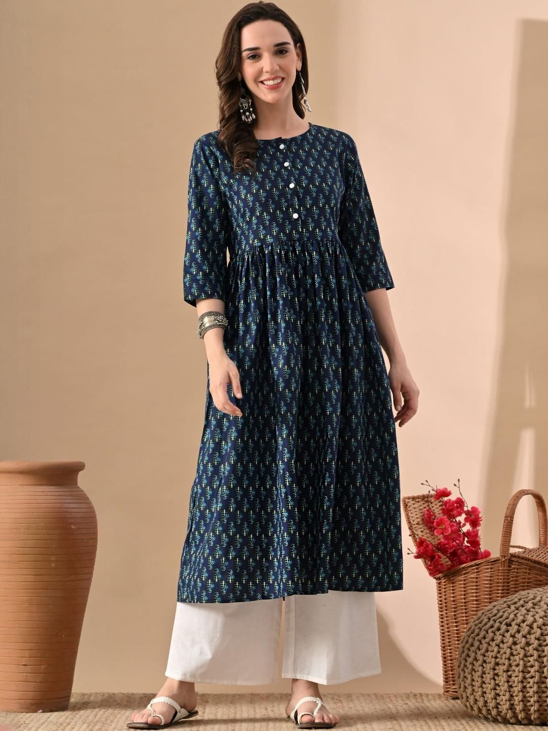 Jaipuri Fashionista Women Blue Printed Cotton Kurta with White Palazzos