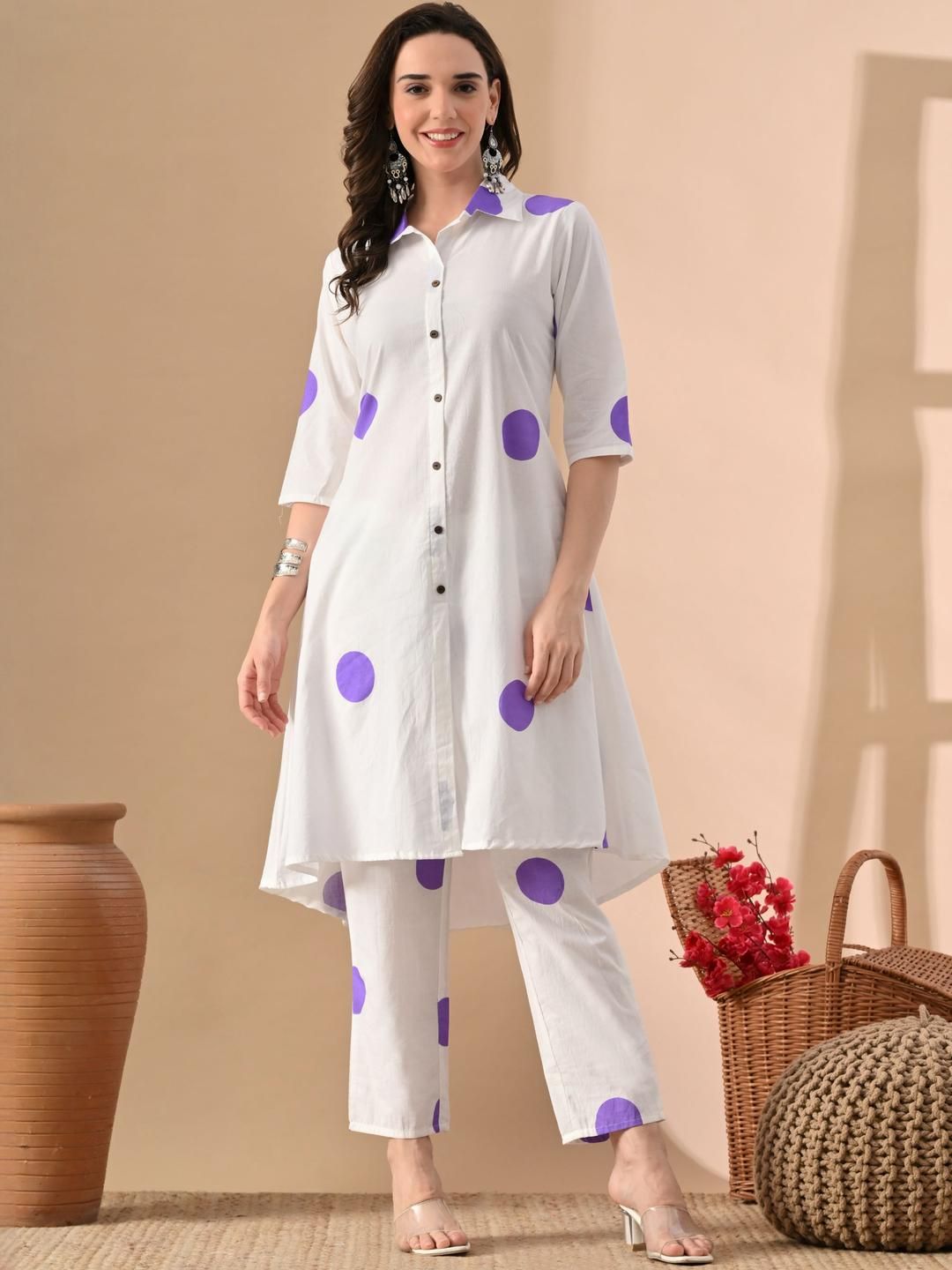 Jaipuri Fashionista Women White & Blue Printed Cotton Kurta with Trousers
