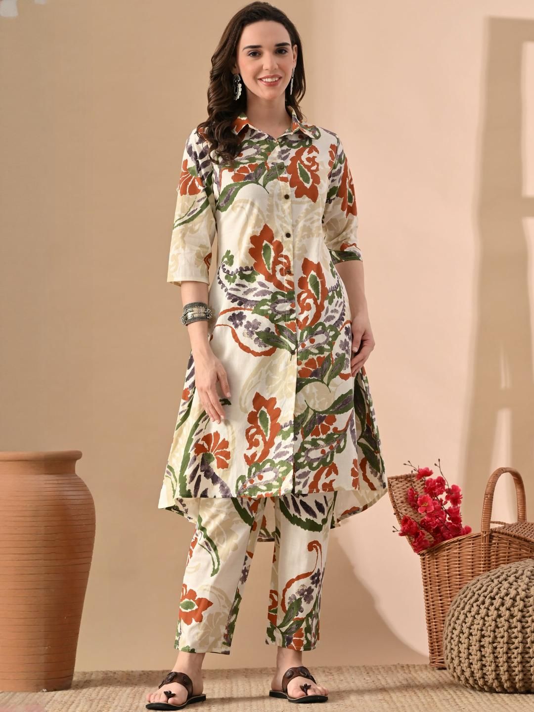 Jaipuri Fashionista Women Floral Printed Regular Pure Cotton Kurta with Trousers