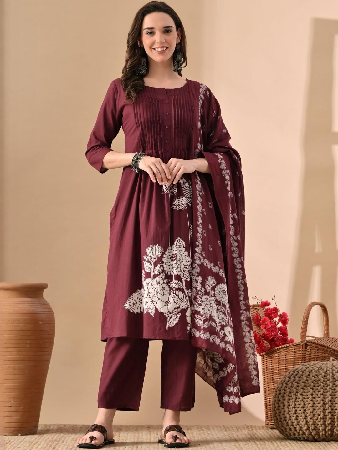 Jaipuri Fashionista Women Floral Printed Pleated Pure Cotton Kurta with Trousers & Dupatta