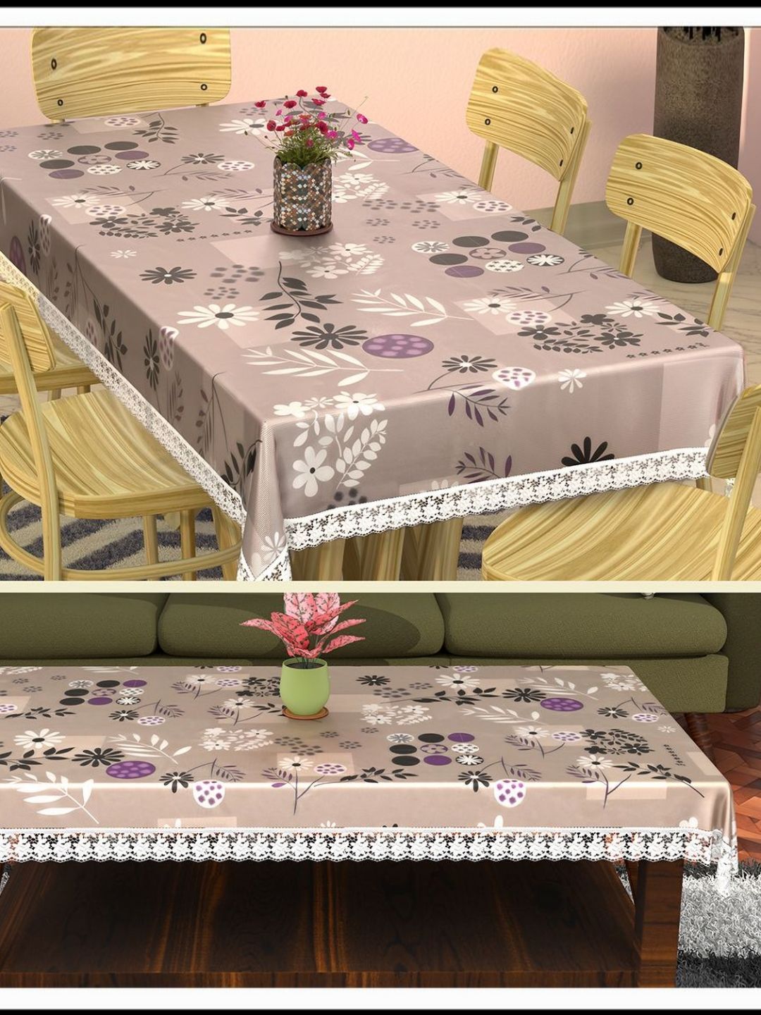 RUBOXA Brown Set of 2 Floral Waterproof Plastic 6-Seater Table Cover-picture-42