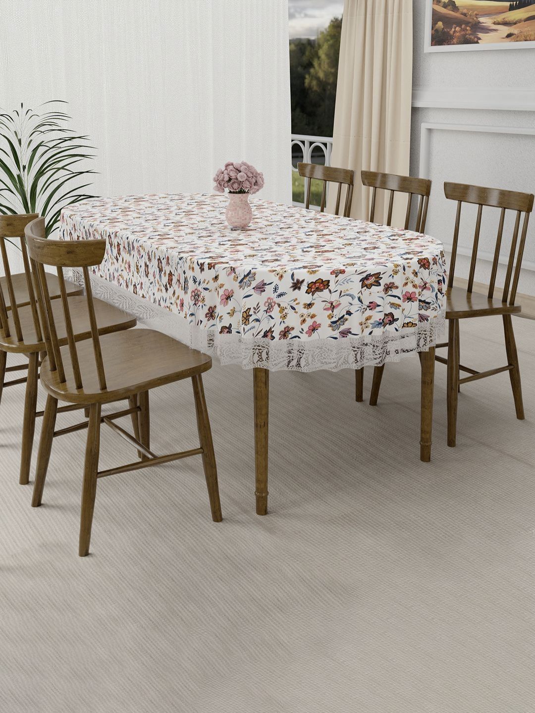 RUBOXA Cream-Coloured Floral Plastic Oval 6-Seater Table Cover-picture-24