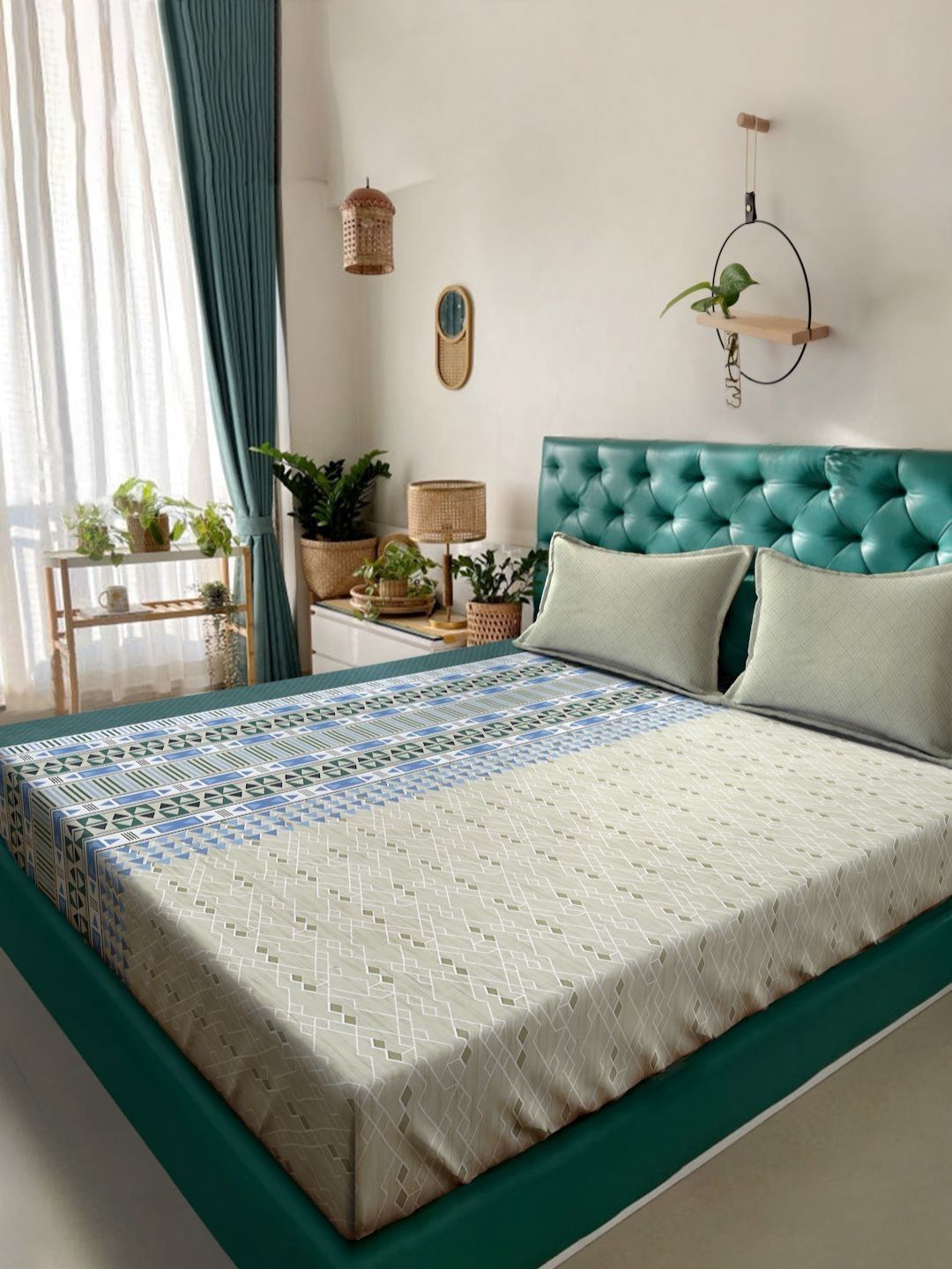 Myntra Elegant Homes Olive Green & Blue Geometric 400 TC King Bedsheet with 2 Pillow Covers-picture-20