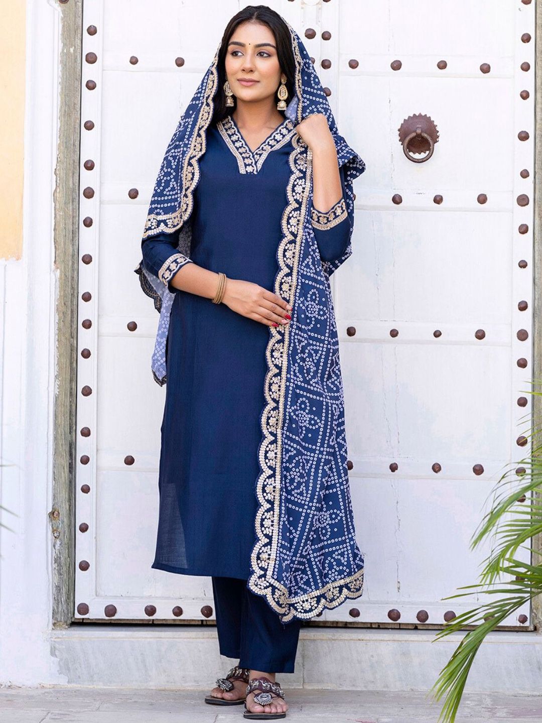 KALINI Floral Yoke Design V-Neck Straight Kurta With Trousers & Dupatta