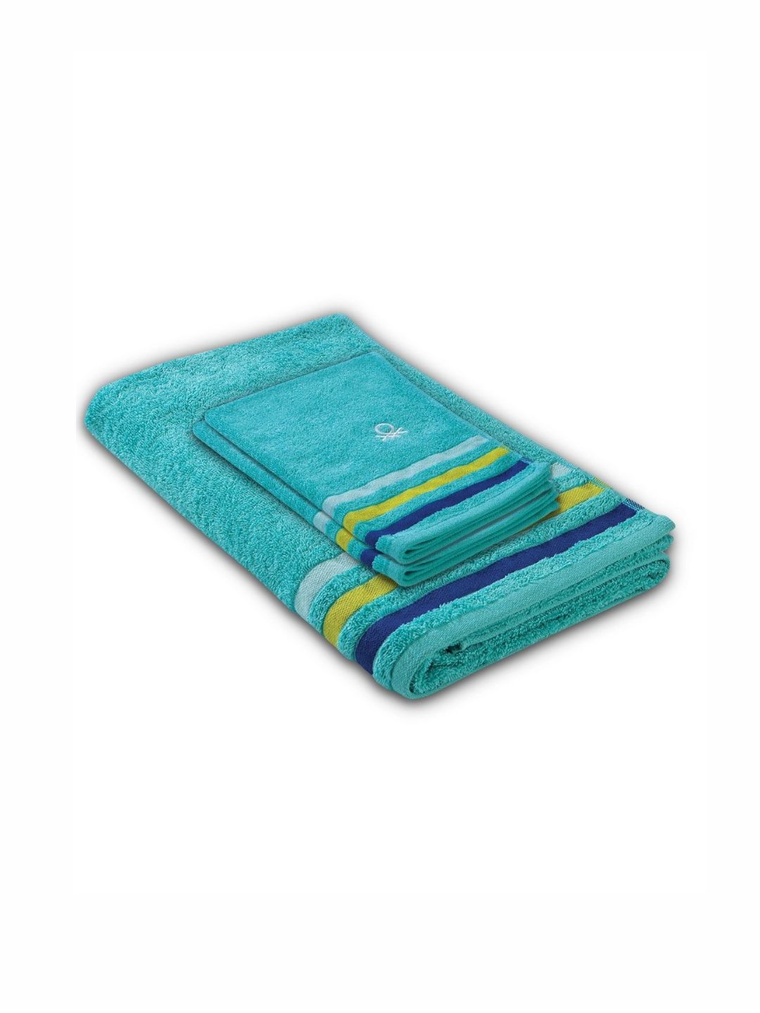 United Colors of Benetton Turquoise Blue & Yellow 3 Piece Striped Cotton 450 GSM Towel Set