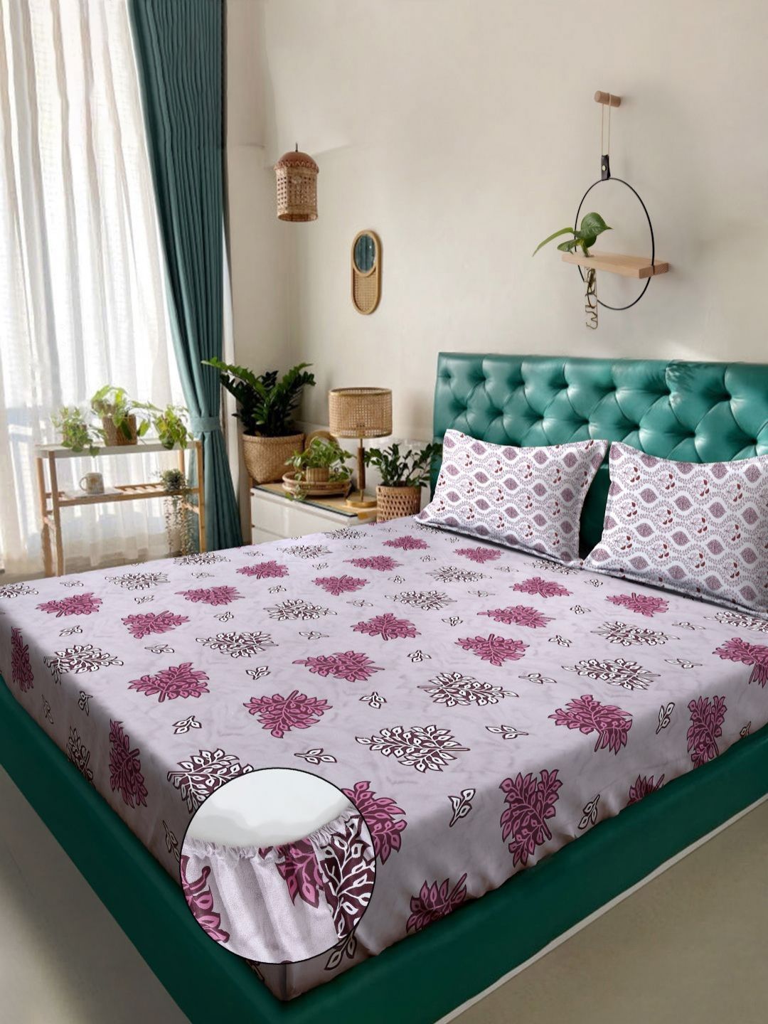 Myntra Elegant Homes Purple & White Floral 400 TC King Bedsheet with 2 Pillow Covers-picture-18