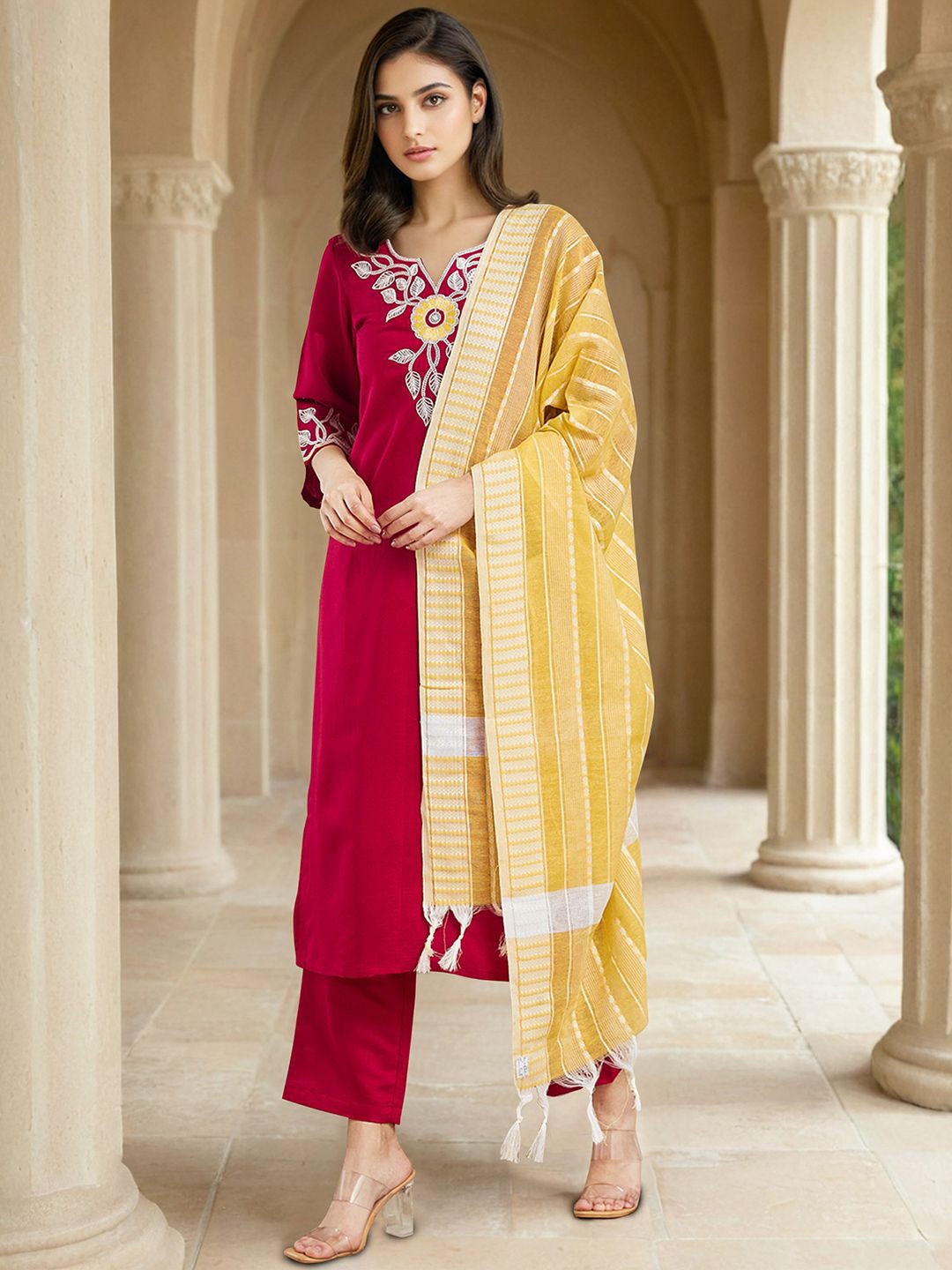 SANISA Floral Yoke Design Thread Work Straight Kurta With Trousers & Dupatta
