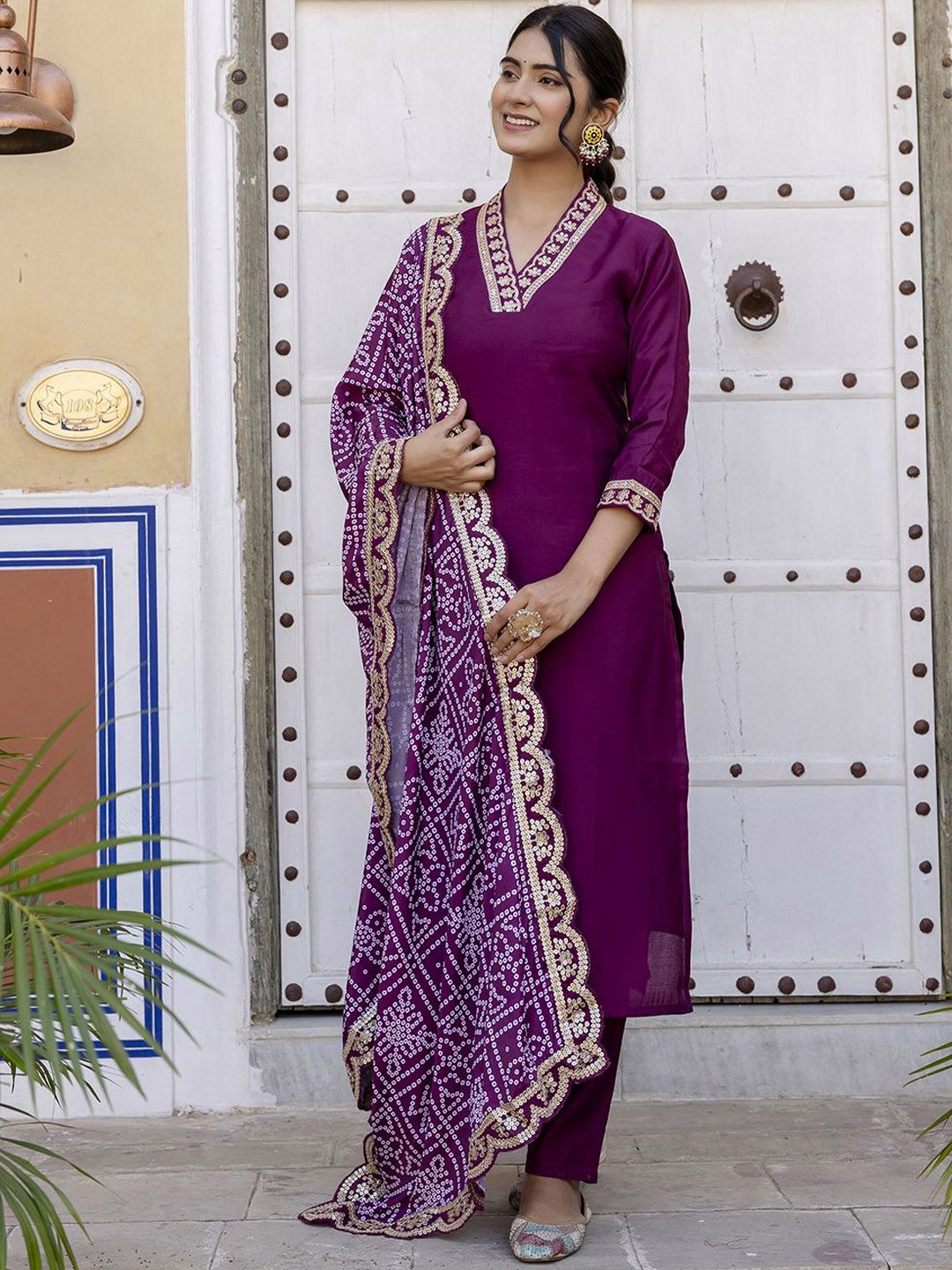 KALINI Floral Yoke Design Sequunied V-Neck Straight Kurta With Trousers & Dupatta