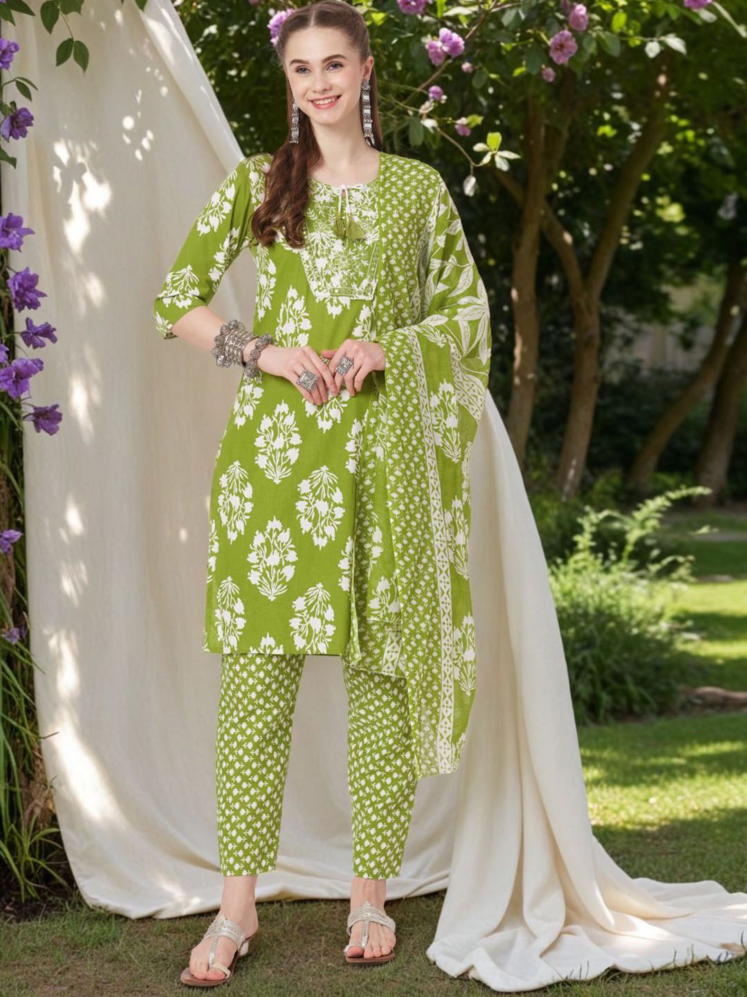 FASHOR Ethnic Motifs Printed Round Neck Pure Cotton Straight Kurta With Trousers & Dupatta