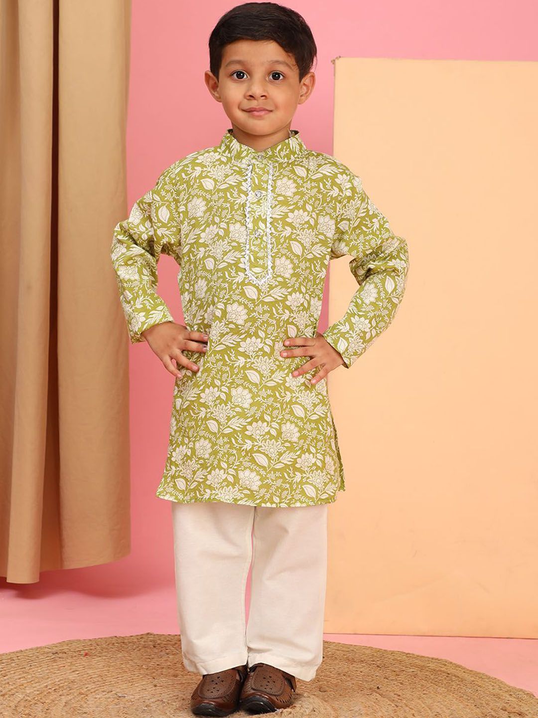 Cutiekins Boys Floral Printed Mandarin Collar Kurta With Pyjama-picture-56