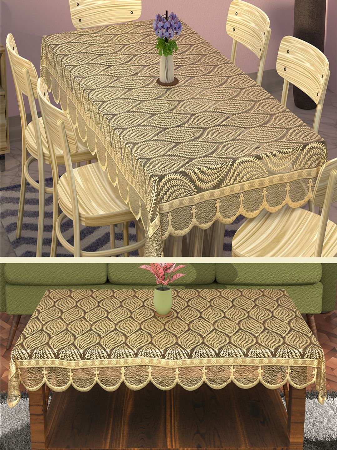 RUBOXA Gold-Toned Set of 2 Floral Anti-Skid Cotton 6-Seater Table Cover with Embroidered details