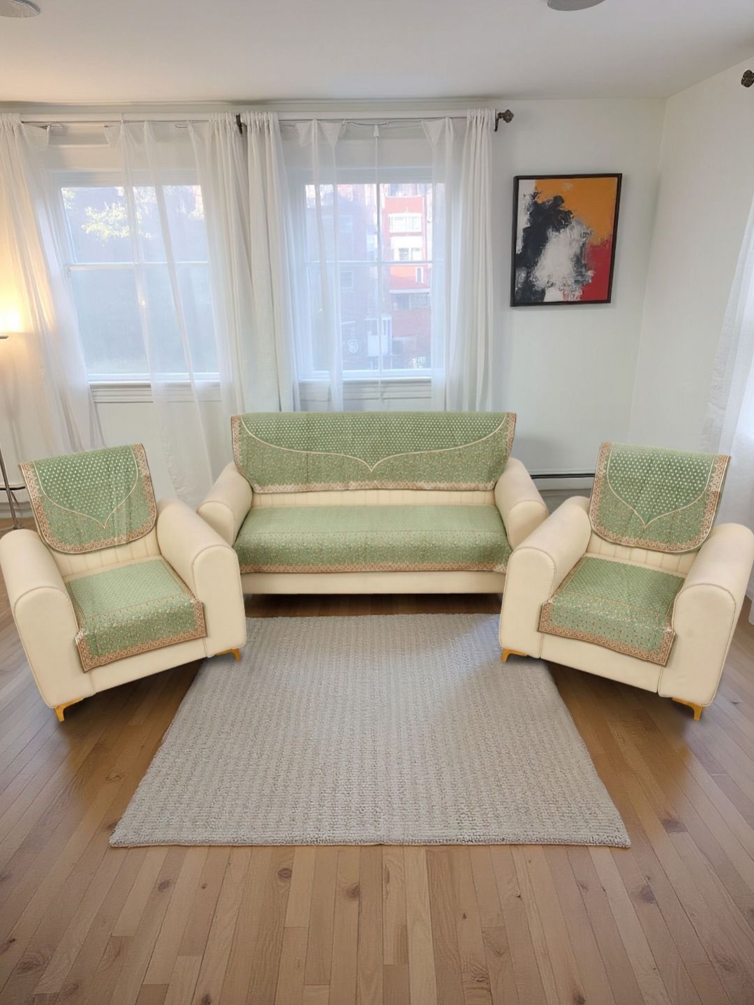 BREVARD Green & Cream 10 Pieces Printed Sofa Covers-image-22