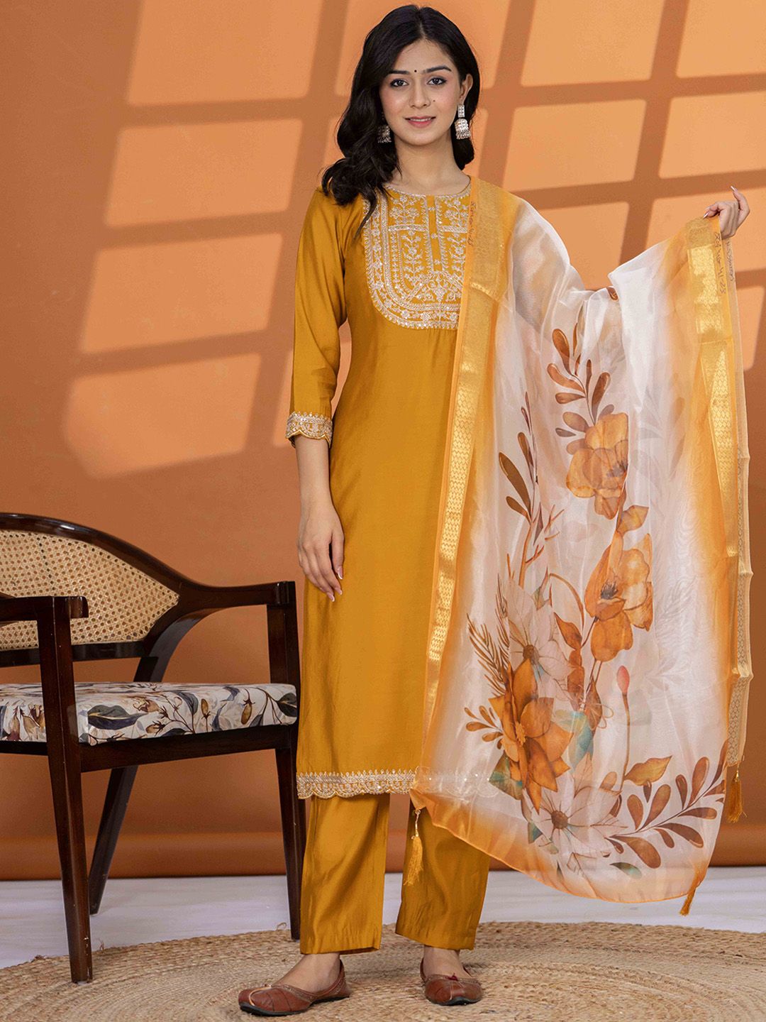 DIZON Floral Yoke Design Sequinned Round Neck Straight Kurta With Trousers & Dupatta