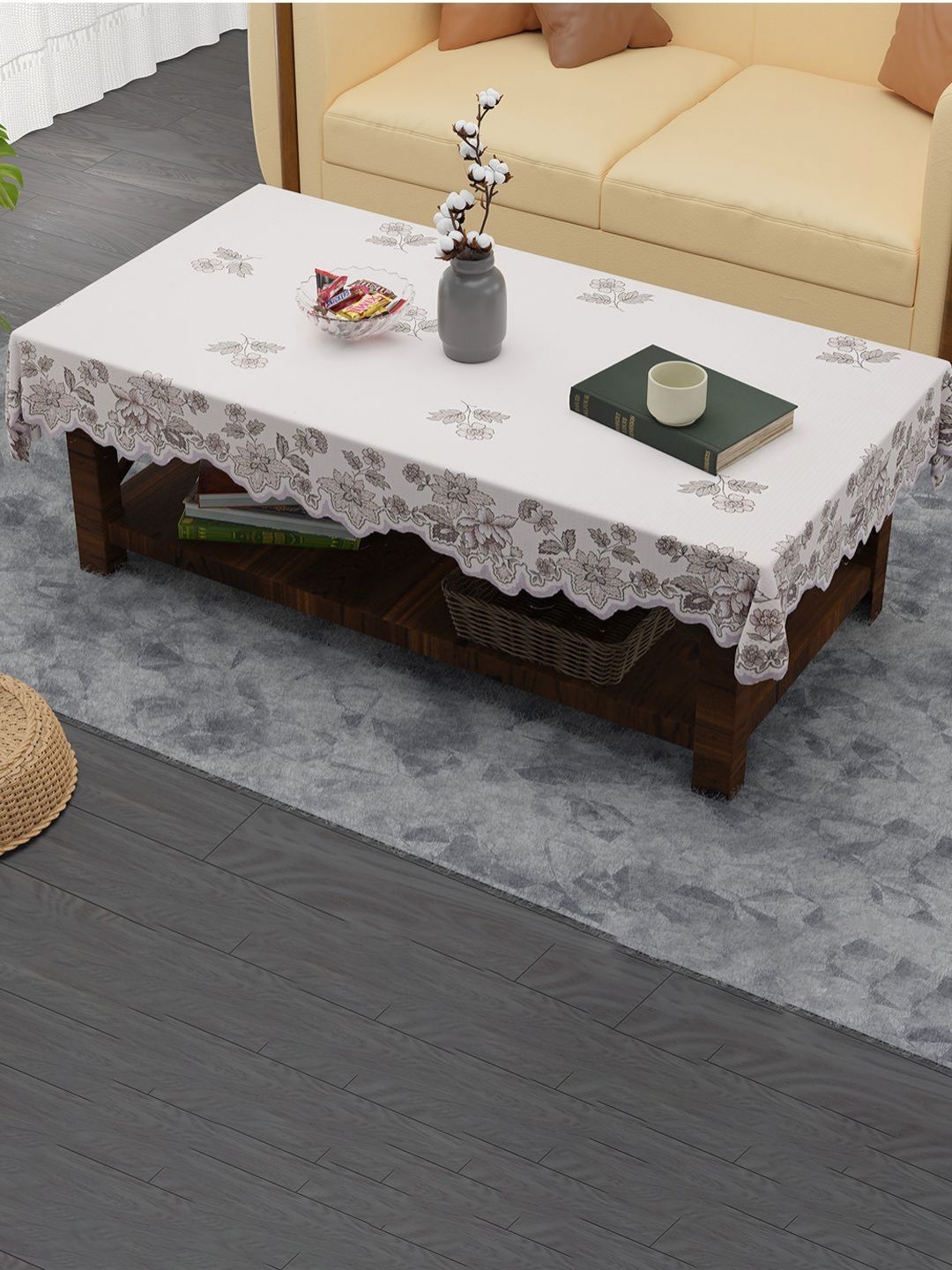 RUBOXA Cream-Coloured Floral Cotton 4-Seater Table Cover-picture-31