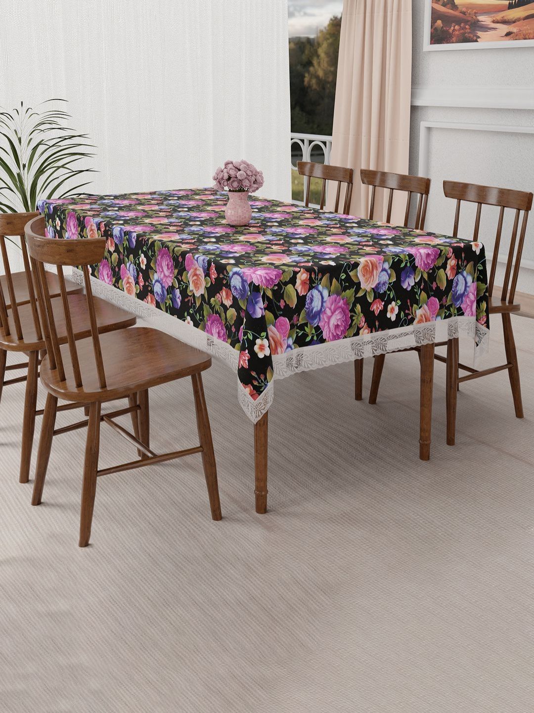 RUBOXA Black Floral Plastic 6-Seater Table Cover-picture-23