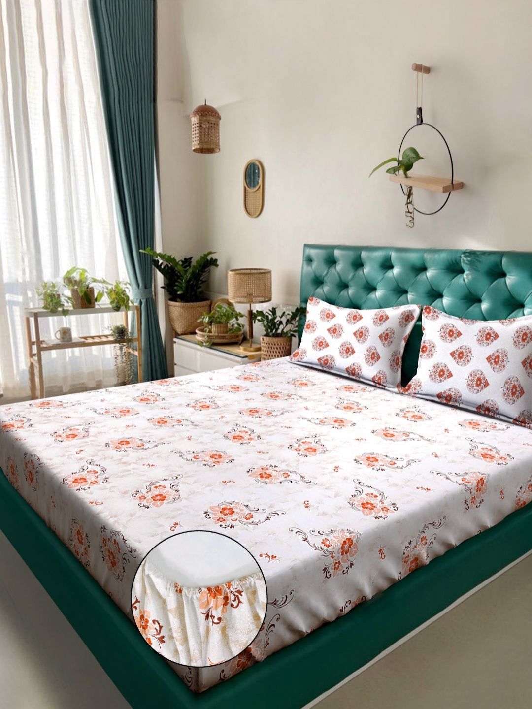 Myntra Elegant Homes Orange Floral Pure Cotton 400 TC Fitted King Bedsheet Set-2.5mX2.25m-picture-29