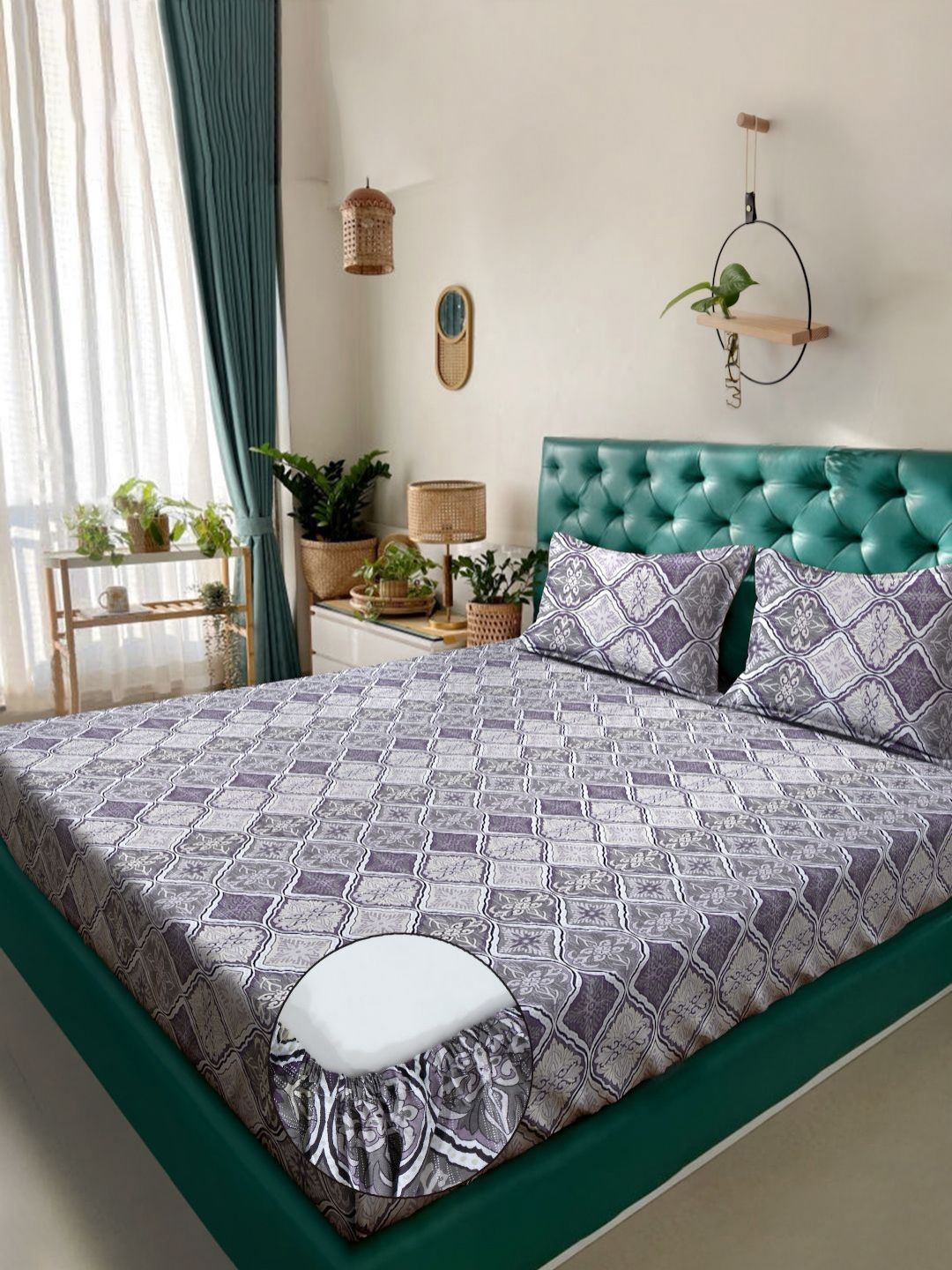 Myntra Elegant Homes Purple & White Floral 400 TC King Bedsheet with 2 Pillow Covers-picture-19