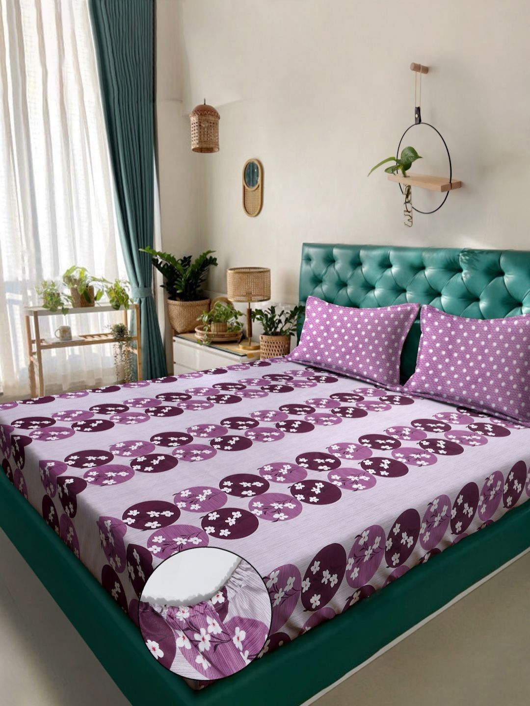 Myntra Elegant Homes Purple & White Floral 400 TC King Bedsheet with 2 Pillow Covers-picture-20