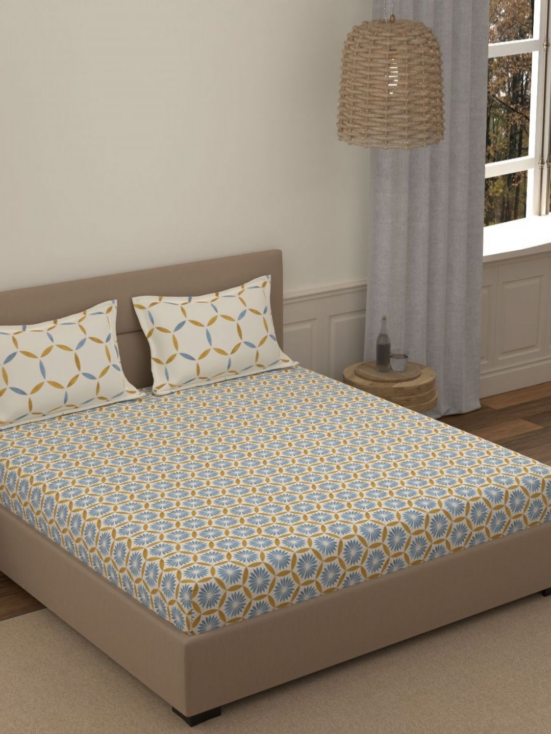 Portico Fusion 144 TC Cotton Blue Double Size Bedsheet With 2 Pillow Covers-picture-39