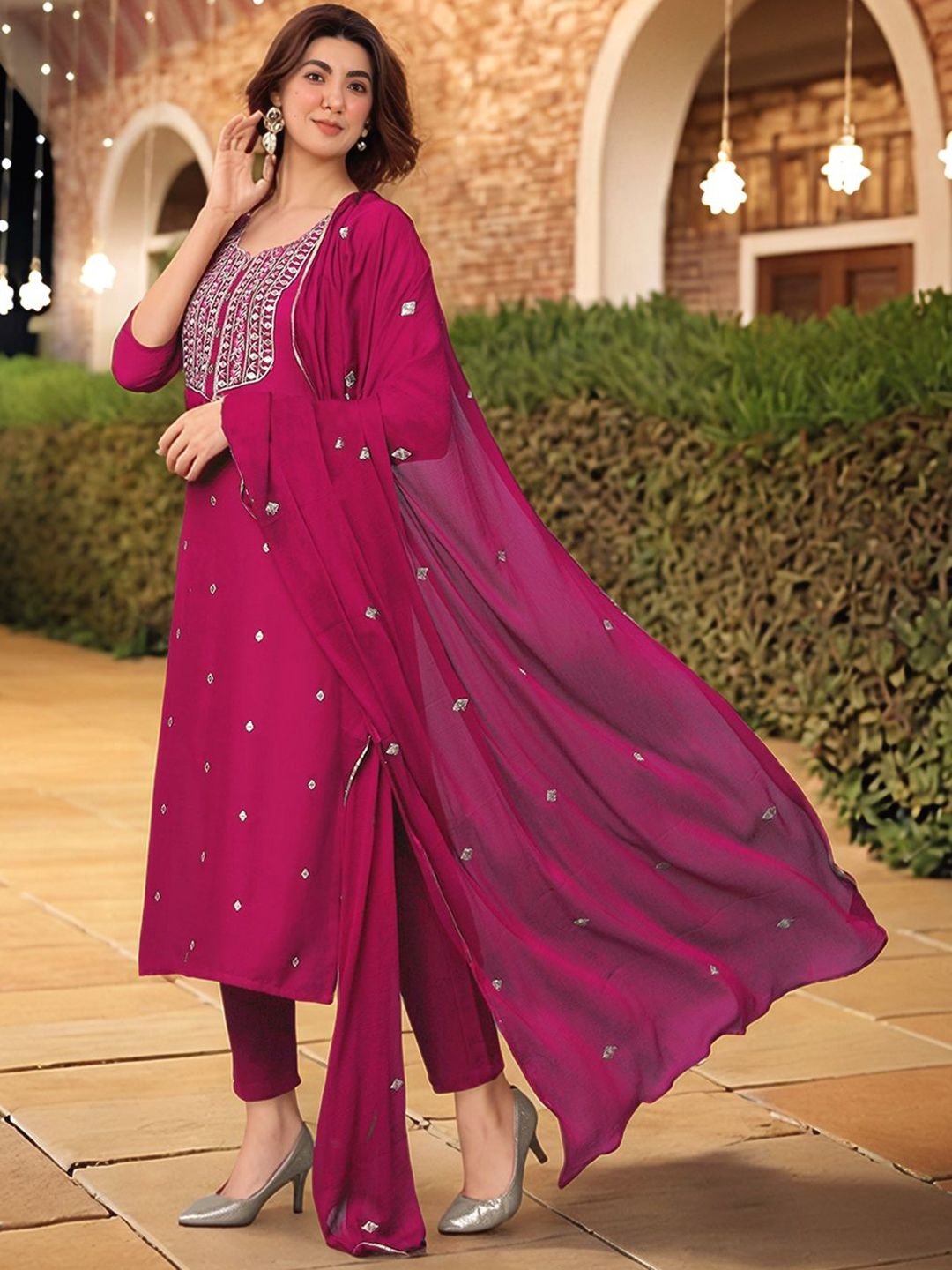 KALINI Floral Embroidered Thread Work Round Neck Straight Kurta With Trousers & Dupatta