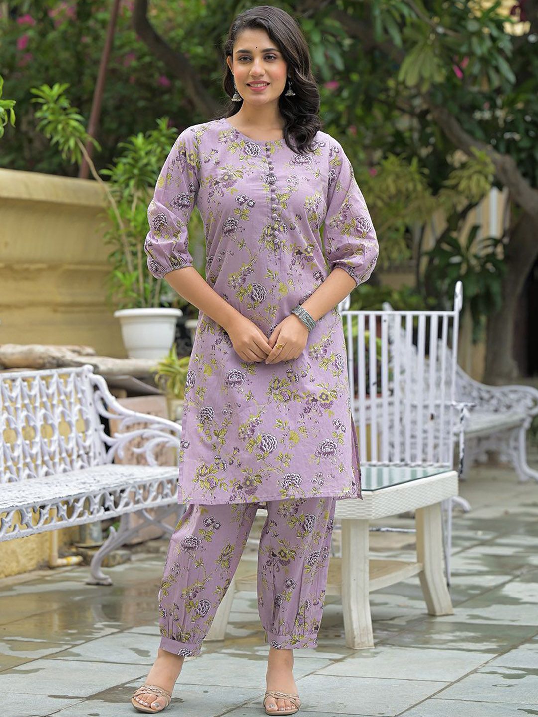 Divena Floral Printed Round Neck Pure Cotton Straight Kurta With Salwar