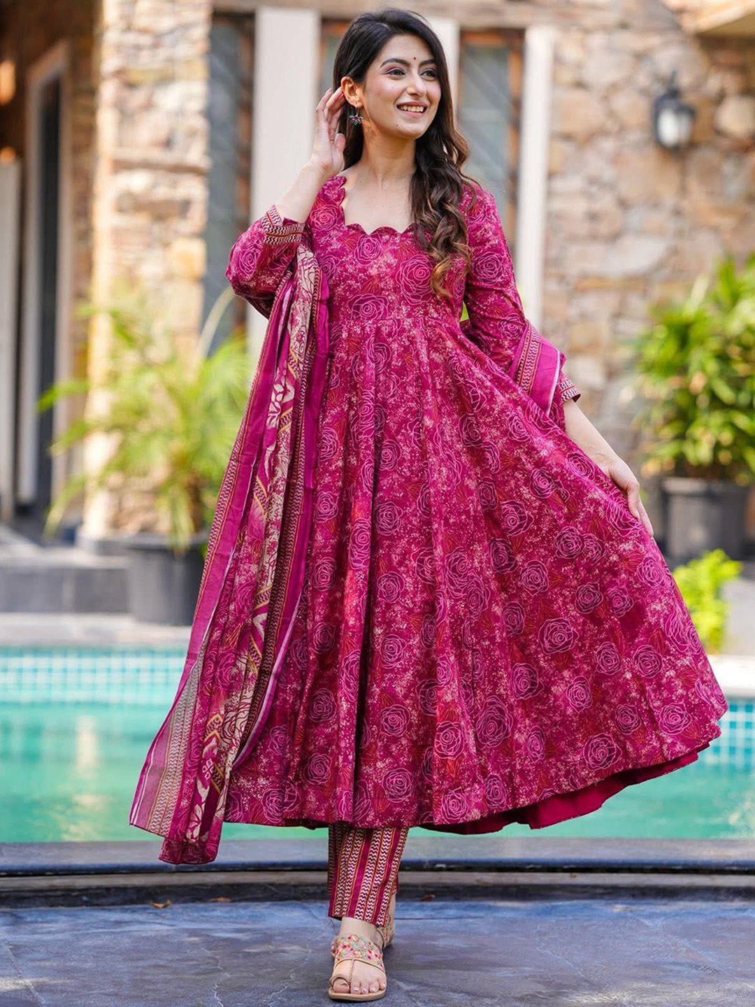 Idaho Clothing Floral Printed Pure Cotton Anarkali Kurta with Trousers & Dupatta-picture-43