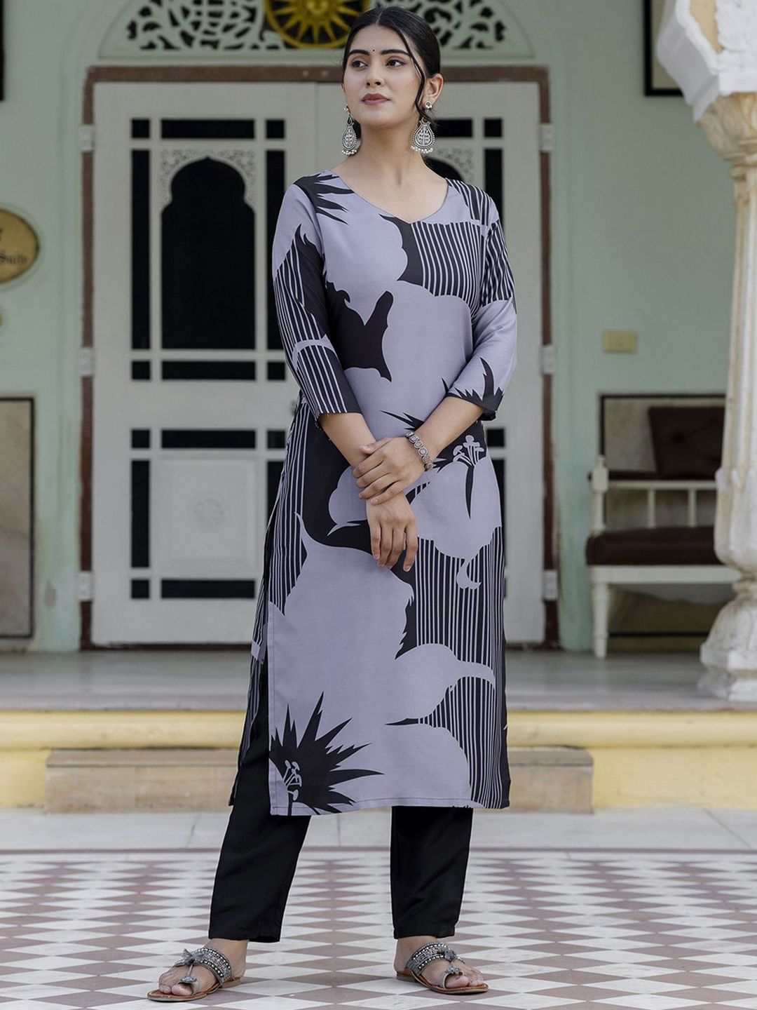 KALINI Floral Printed Round Neck Straight Kurta With Trousers