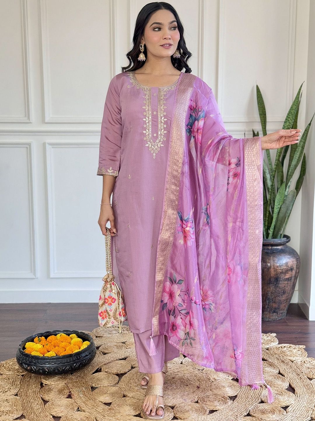 PEENGAX Floral Embroidered Sequinned Chanderi Silk Kurta With Trousers And Dupatta