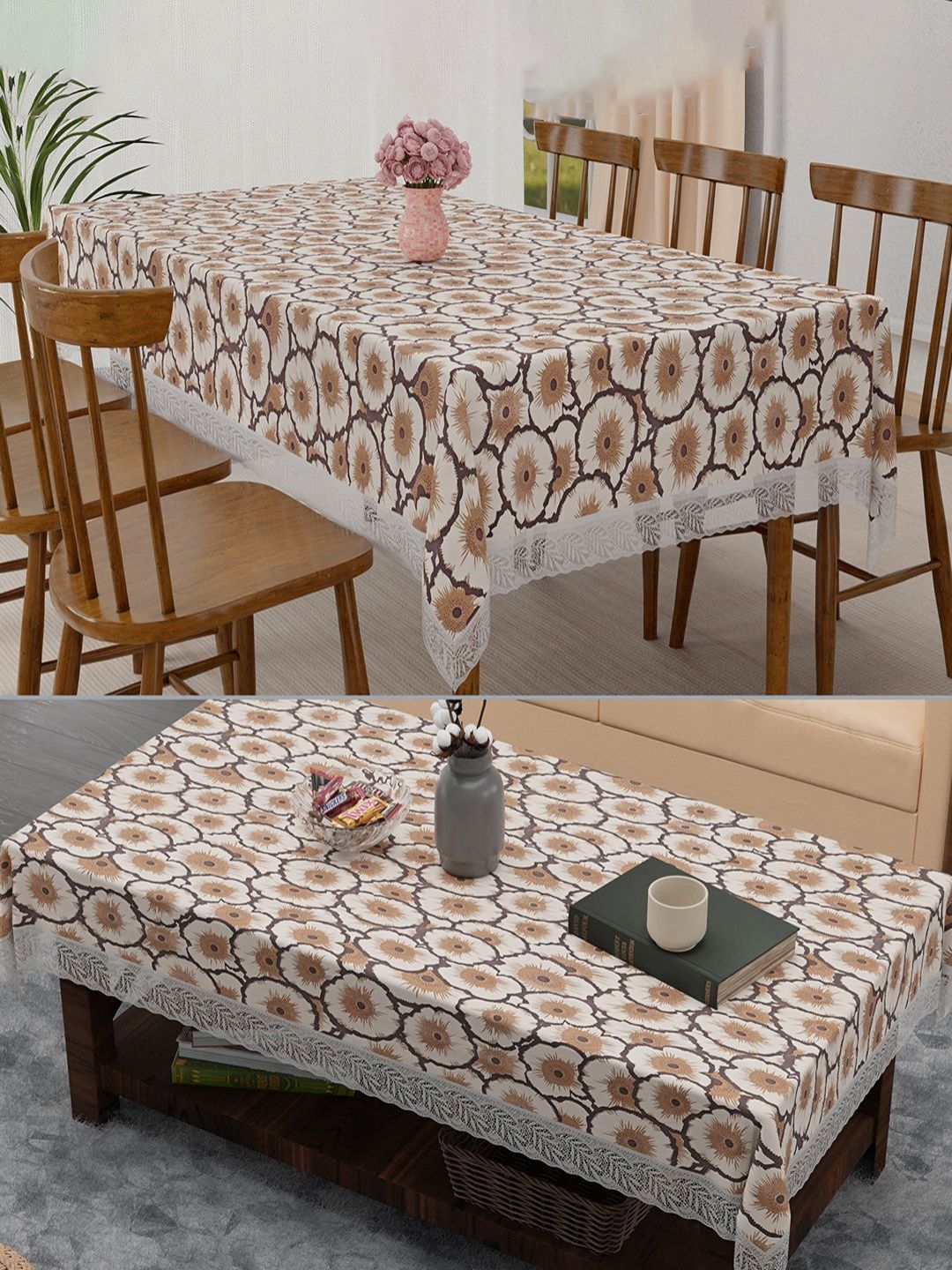 RUBOXA Cream-Coloured Set of 2 Floral Waterproof Plastic 6-Seater Table Cover with Embroidered details-picture-11