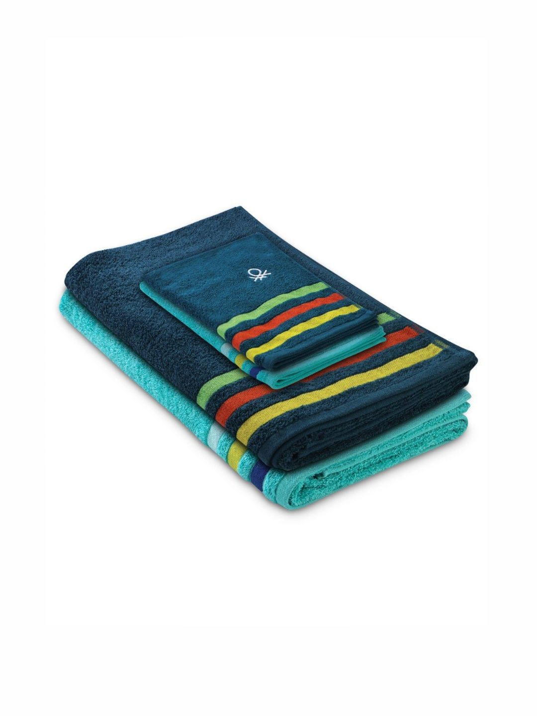United Colors of Benetton Blue & Green 4 Pieces Striped Pure Cotton 450 GSM Towel Set