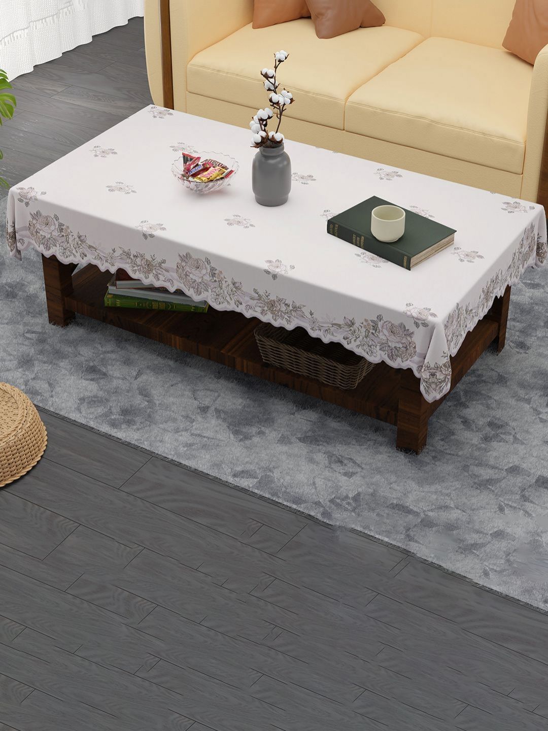 RUBOXA Cream-Coloured Floral Cotton 4-Seater Table Cover with Embroidered details-picture-21