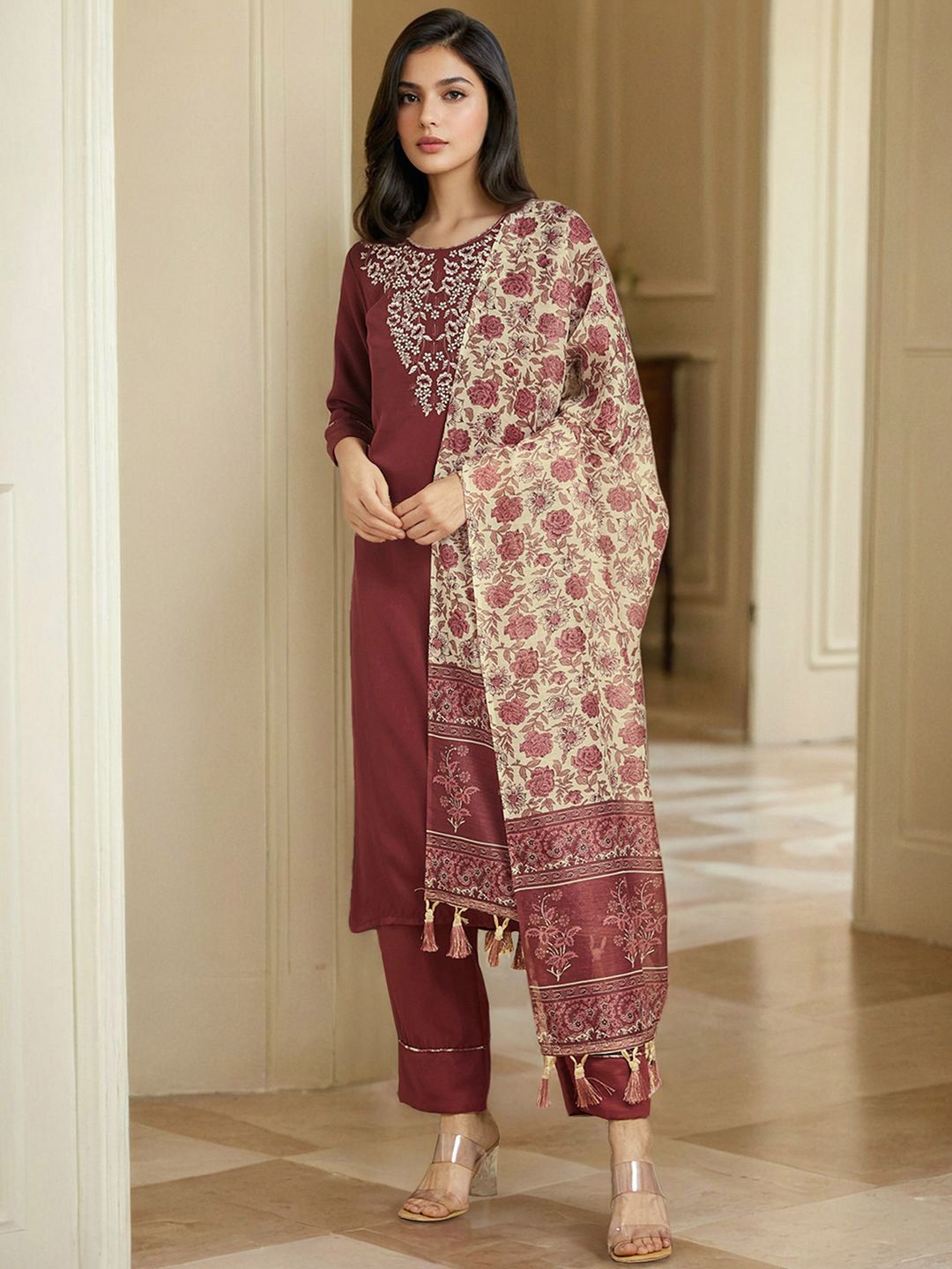 SANISA Floral Yoke Design Thread Work Straight Kurta With Trousers & Dupatta