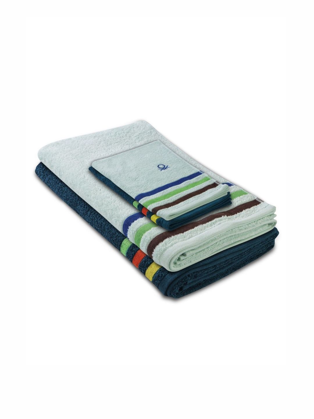 United Colors of Benetton Blue & Green 4 Pieces Striped Pure Cotton 450 GSM Towel Set