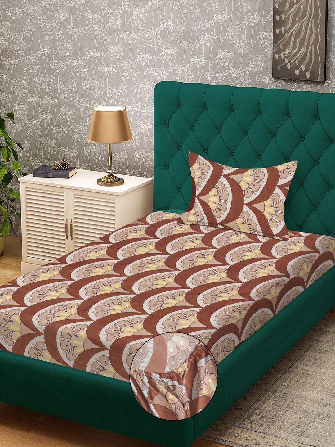 KLOTTHE Brown & Beige Floral 300 TC Single Bedsheet with 1 Pillow Covers-picture-30