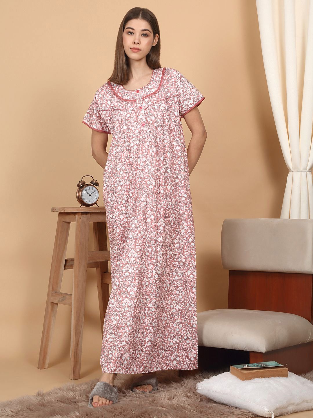 Sweet Dreams Women Floral Printed Round Neck Maxi Nightdress-picture-26