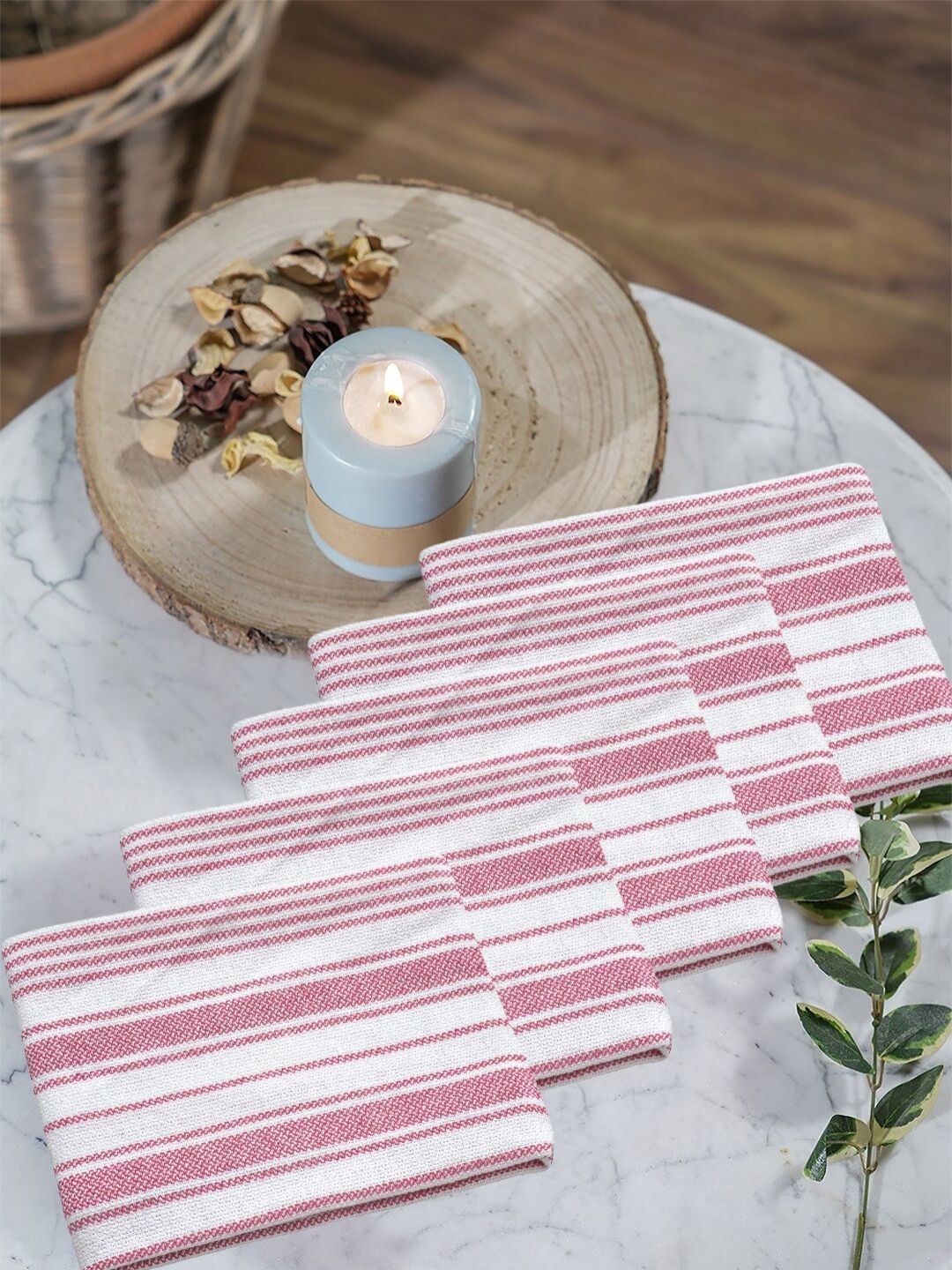 FABINALIV Set Of 5 Pink & White Striped 300 GSM Cotton Hand Towels-picture-7