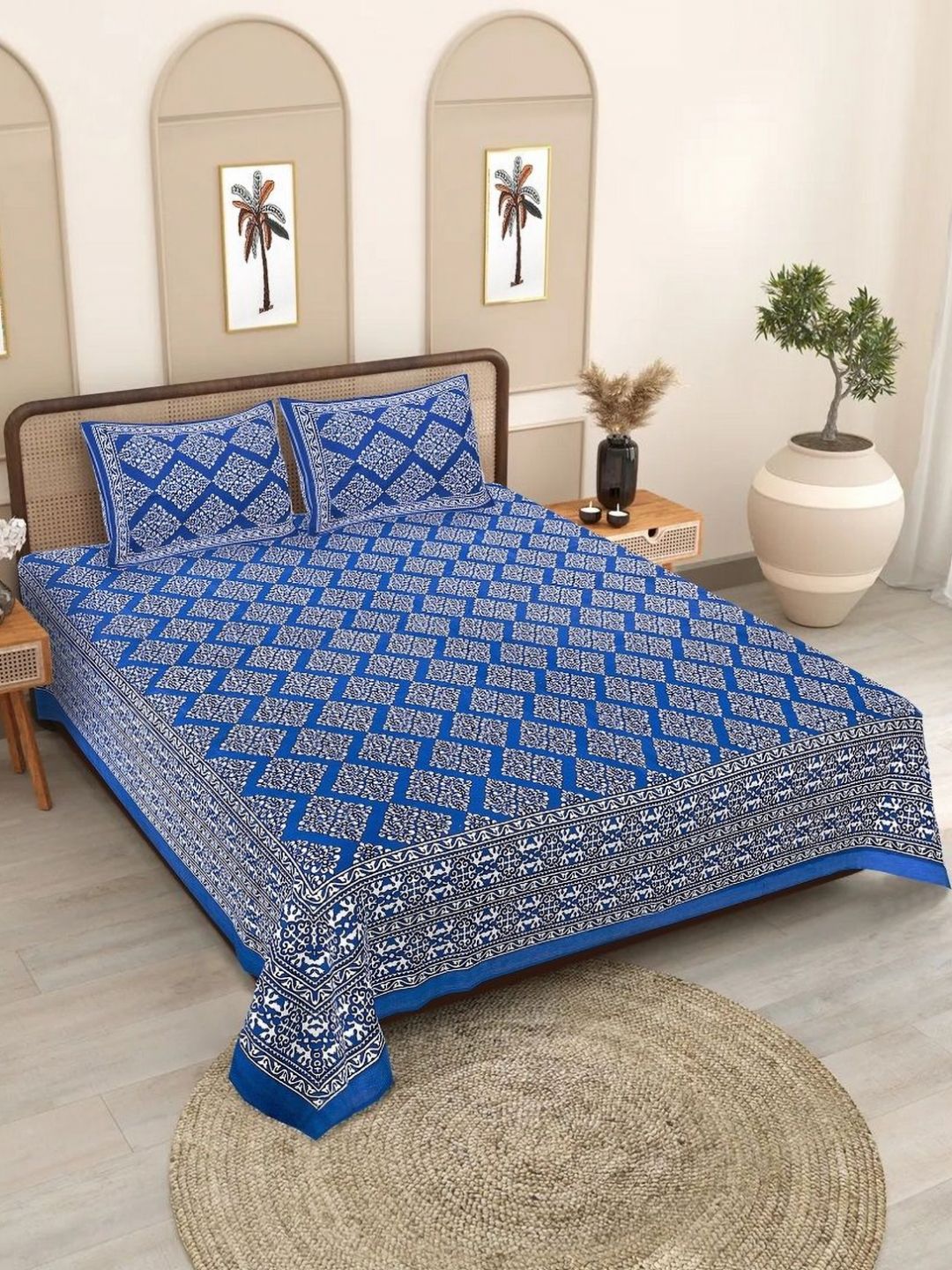 INDHOME LIFE Blue & White Ethnic Printed 186 TC Cotton Queen Bedsheet Set 2.08 m x 2.28 m-picture-38