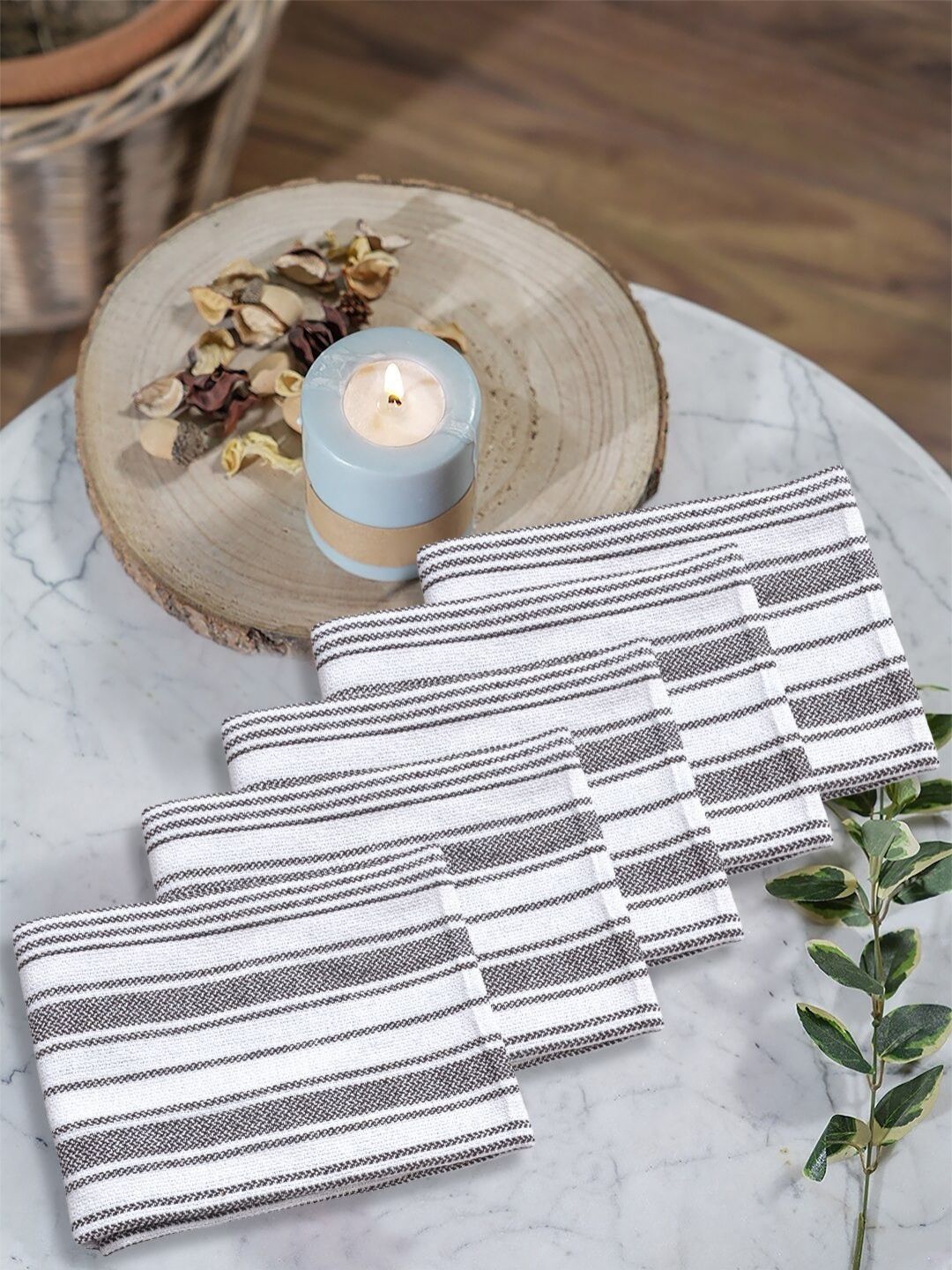 FABINALIV Set Of 5 Grey & White Striped 300 GSM Cotton Hand Towels-image-29
