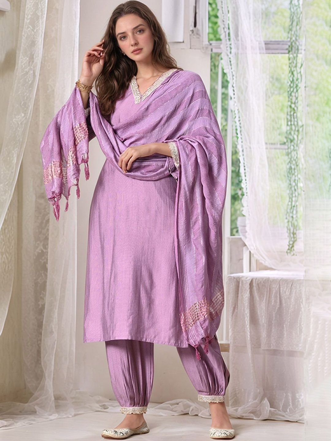 Sangria V Neck A-Line Kurta With Salwar & Dupatta