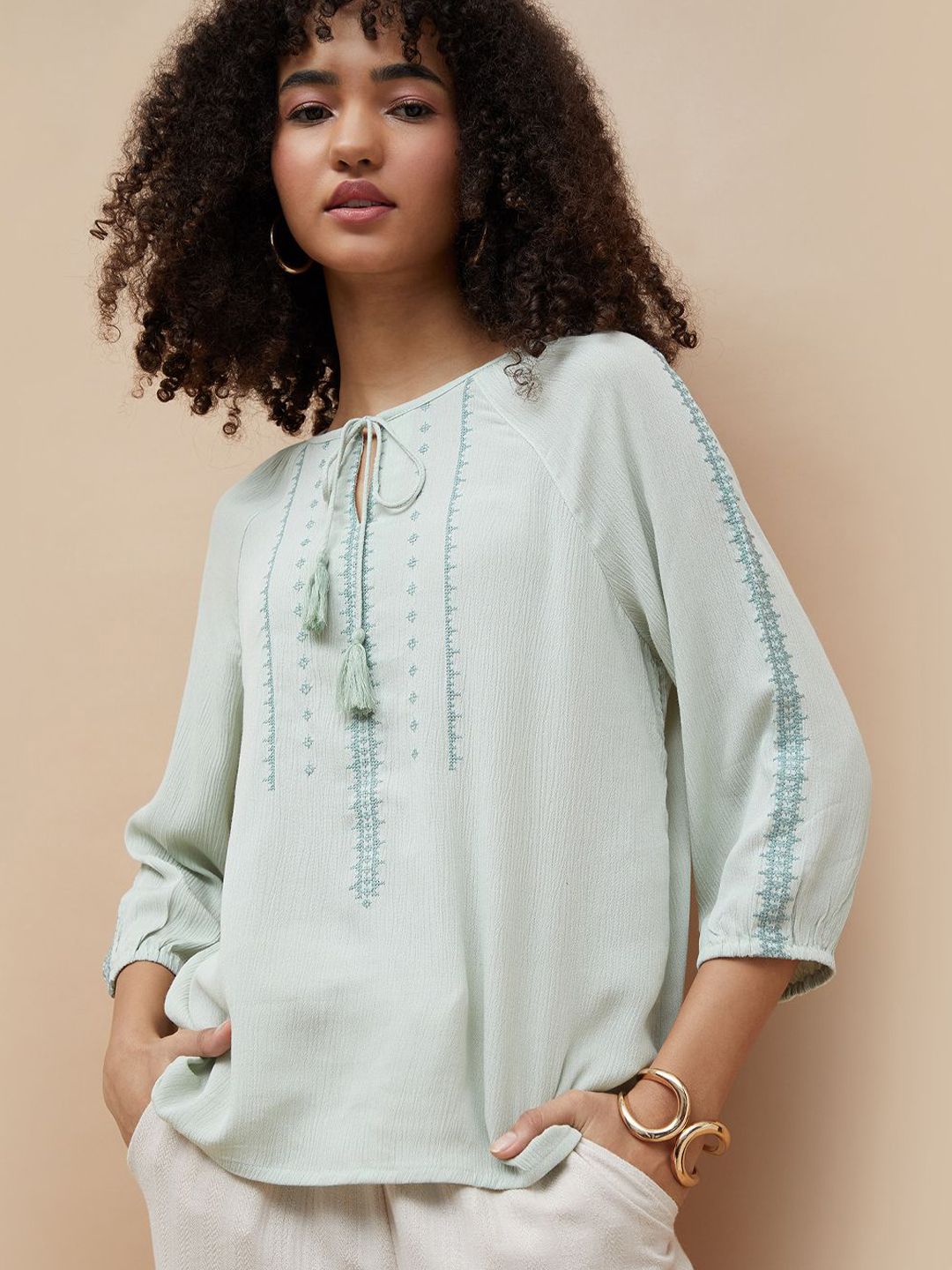 Fame Forever by Lifestyle Women Solid Embroidered Tie-Up Neck Regular Top-picture-29