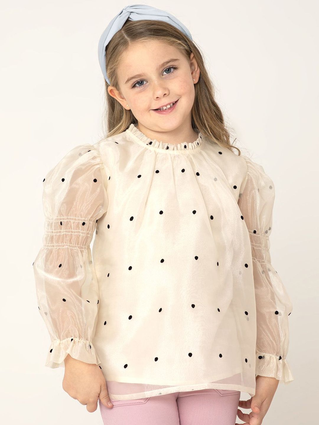 Cherry Crumble Girls Polka Dots Print Monochrome Puff Sleeve Top