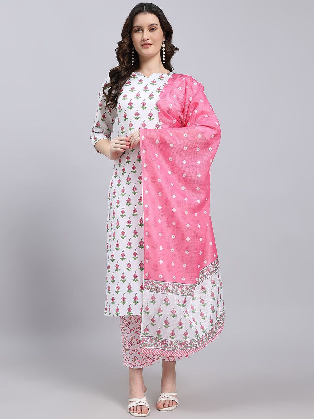 THE FAB FACTORY Floral Printed Notch Neck Straight Kurta With Trousers & Dupatta