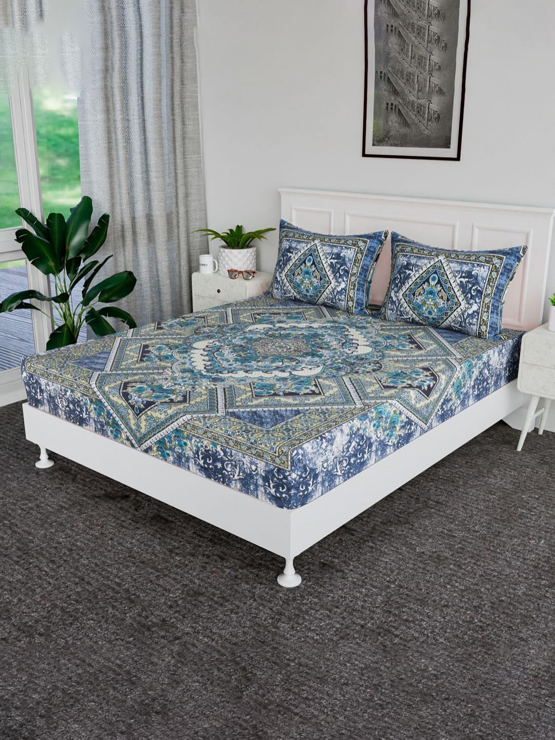 RUBOXA Blue & White Floral 144 TC King Bedsheet with 2 Pillow Covers-picture-17