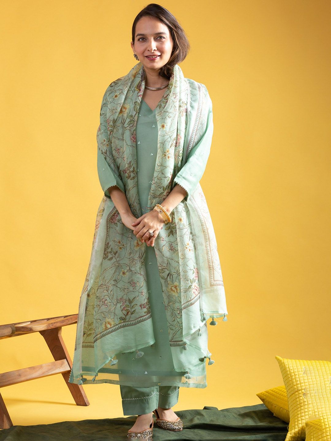 DIVASTRI Embroidered V-Neck Mirror Work Straight Kurta With Trousers And Dupatta
